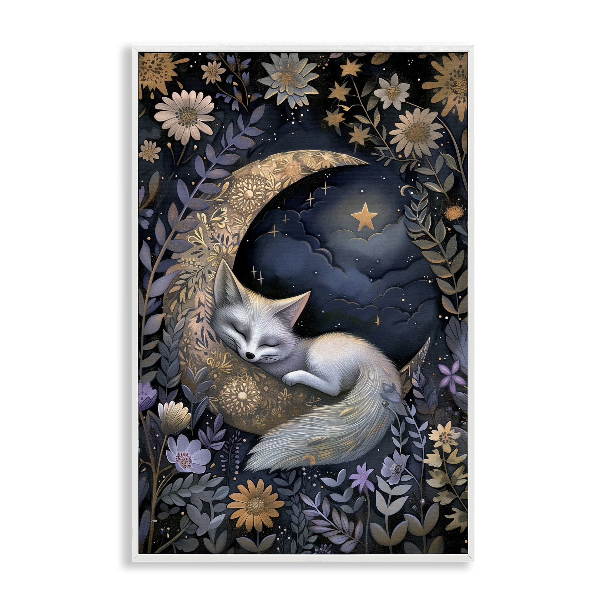 Stupell Industries Fox Sleeping on Moon Animals & Insects Painting White Framed Art Print Wall Art, 16 x 24