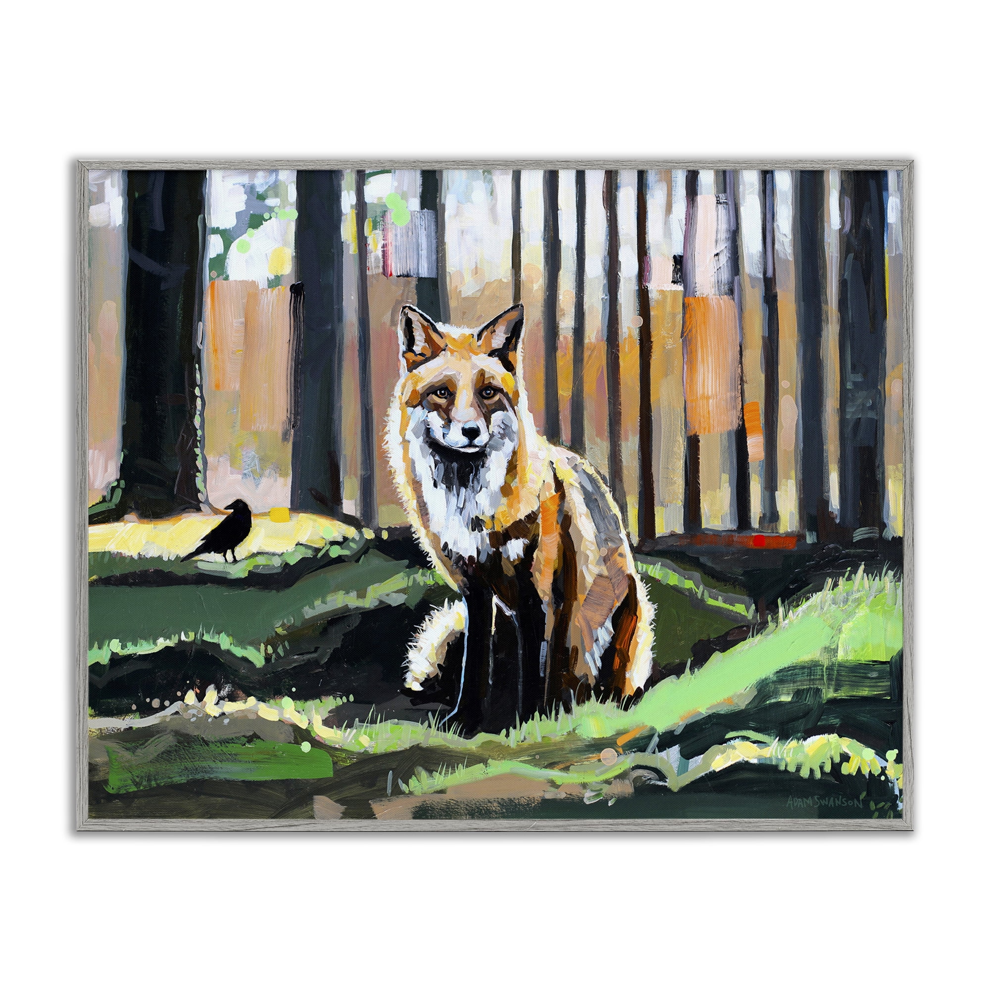 Stupell Industries Fox in Forest Trees Animals Painting Gray Framed Art Print Wall Art, 14 x 11