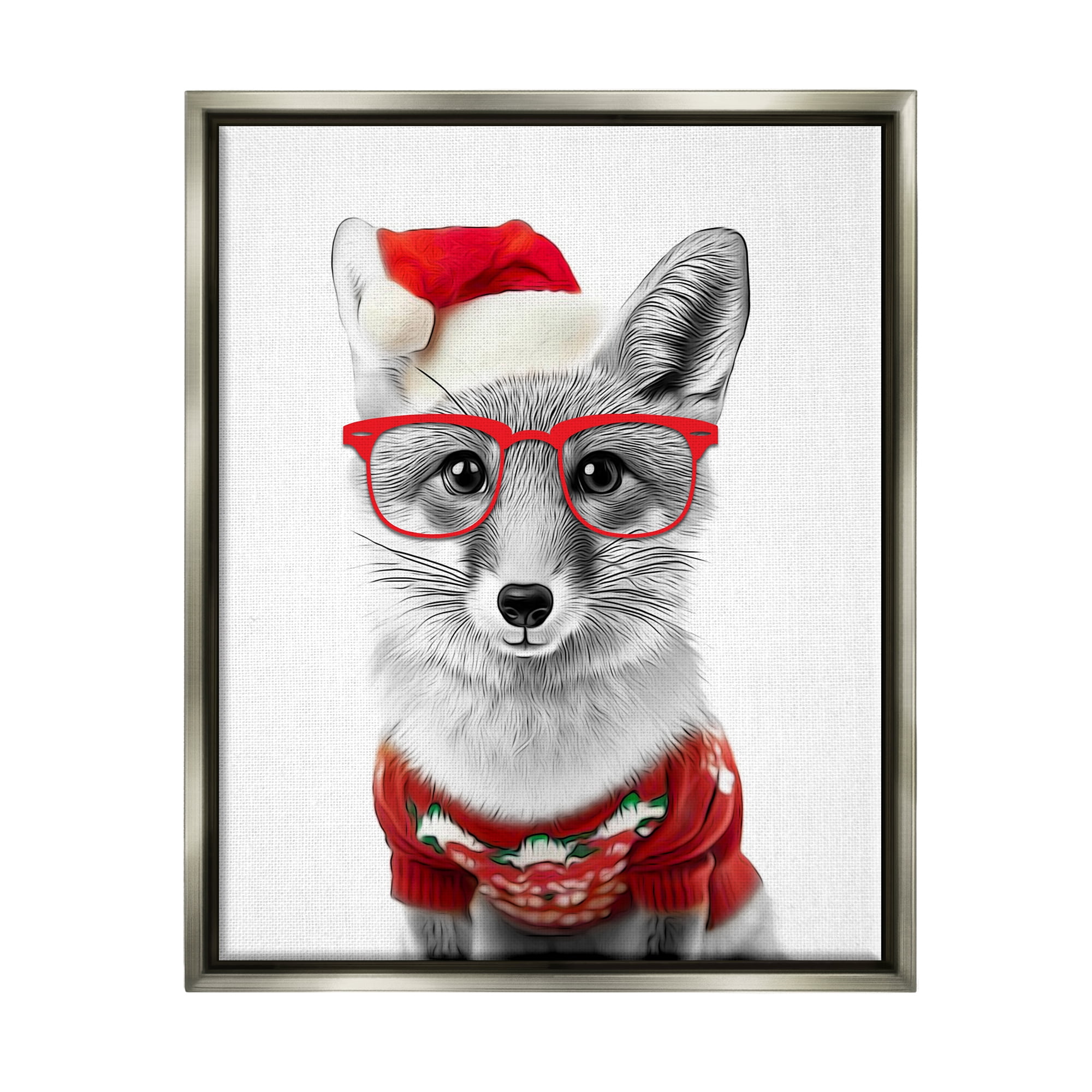 Stupell Industries Fox in Holiday Clothes Holiday Painting Gray Floater Framed Canvas Art Print Wall Art, 25 x 31