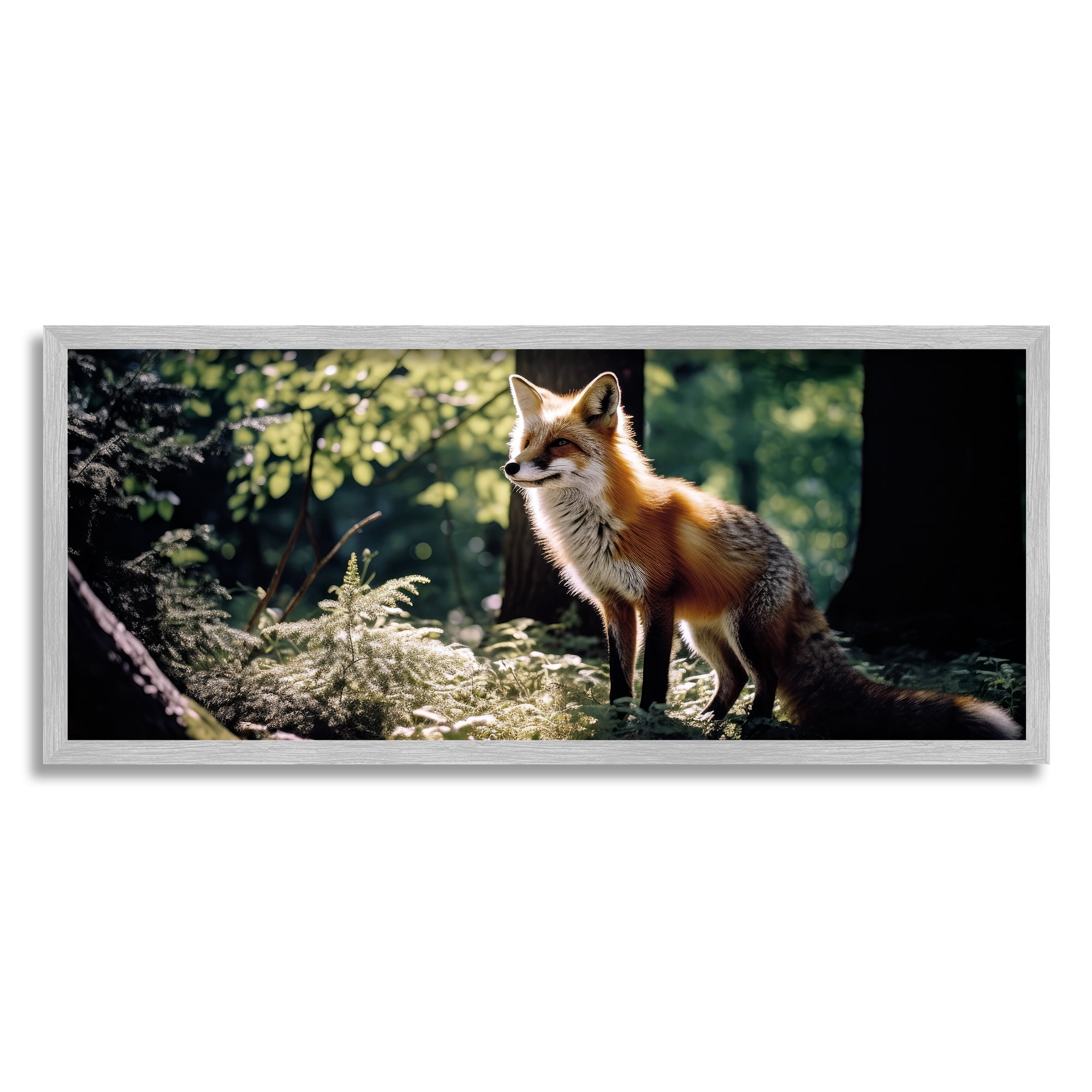 Stupell Industries Fox in Sunlit Forest Animals & Insects Photography Gray Framed Art Print Wall Art, 30 x 13
