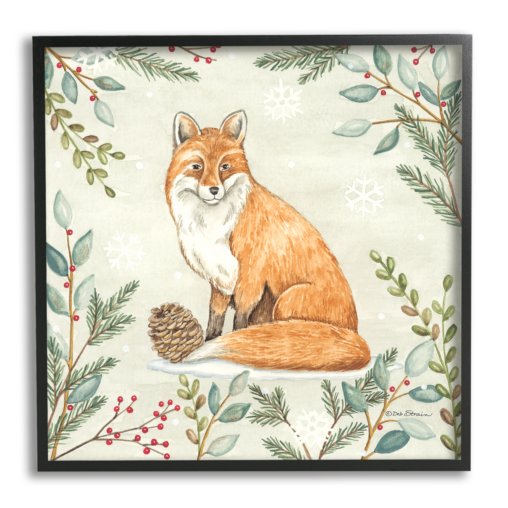 Stupell Industries Fox in Winter Forest Holiday Painting Black Framed Art Print Wall Art, 12 x 12