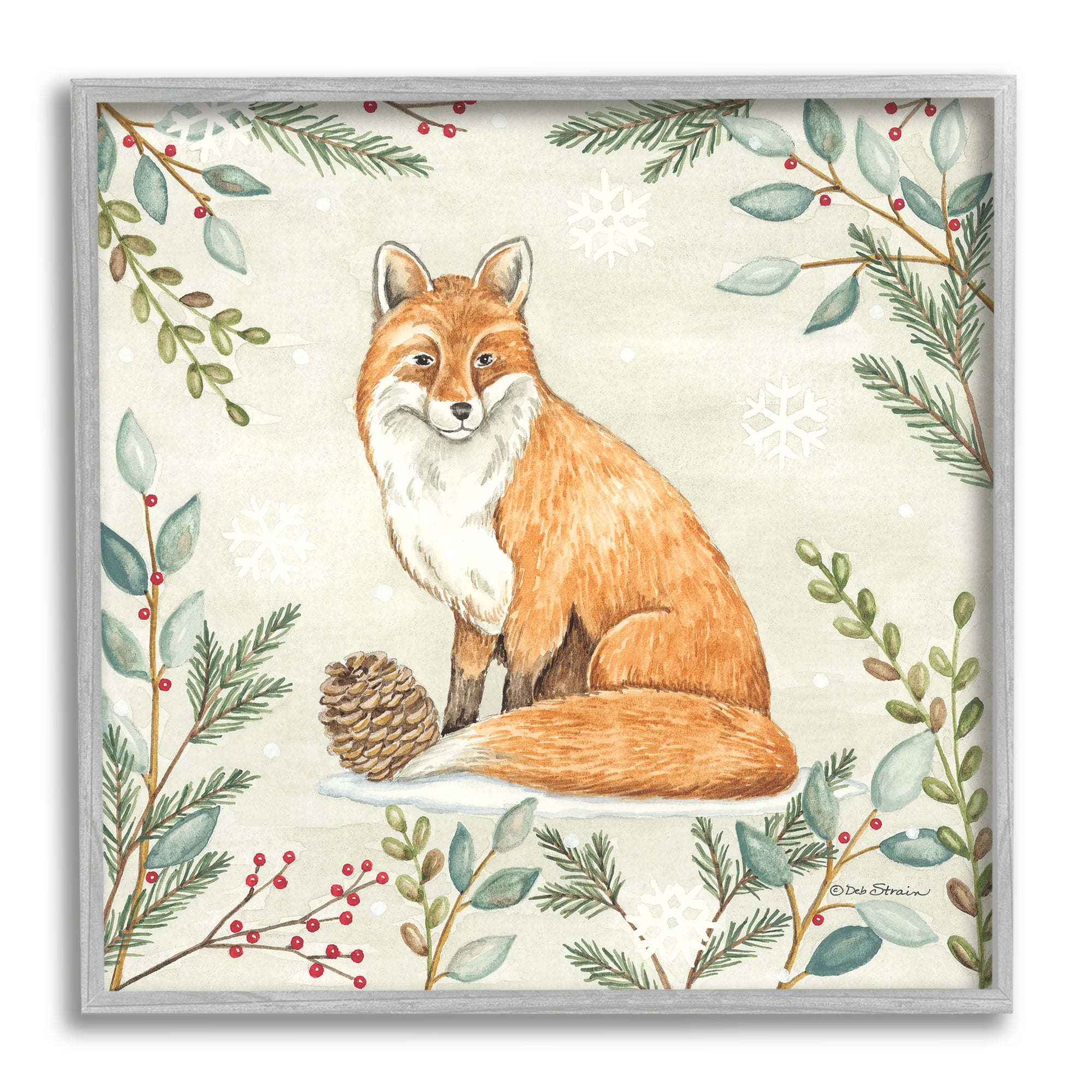 Stupell Industries Fox in Winter Forest Holiday Painting Gray Framed Art Print Wall Art, 12 x 12