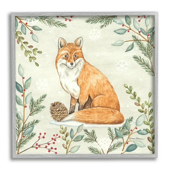 Stupell Industries Fox in Winter Forest Holiday Painting Gray Framed Art Print Wall Art, 24 x 24