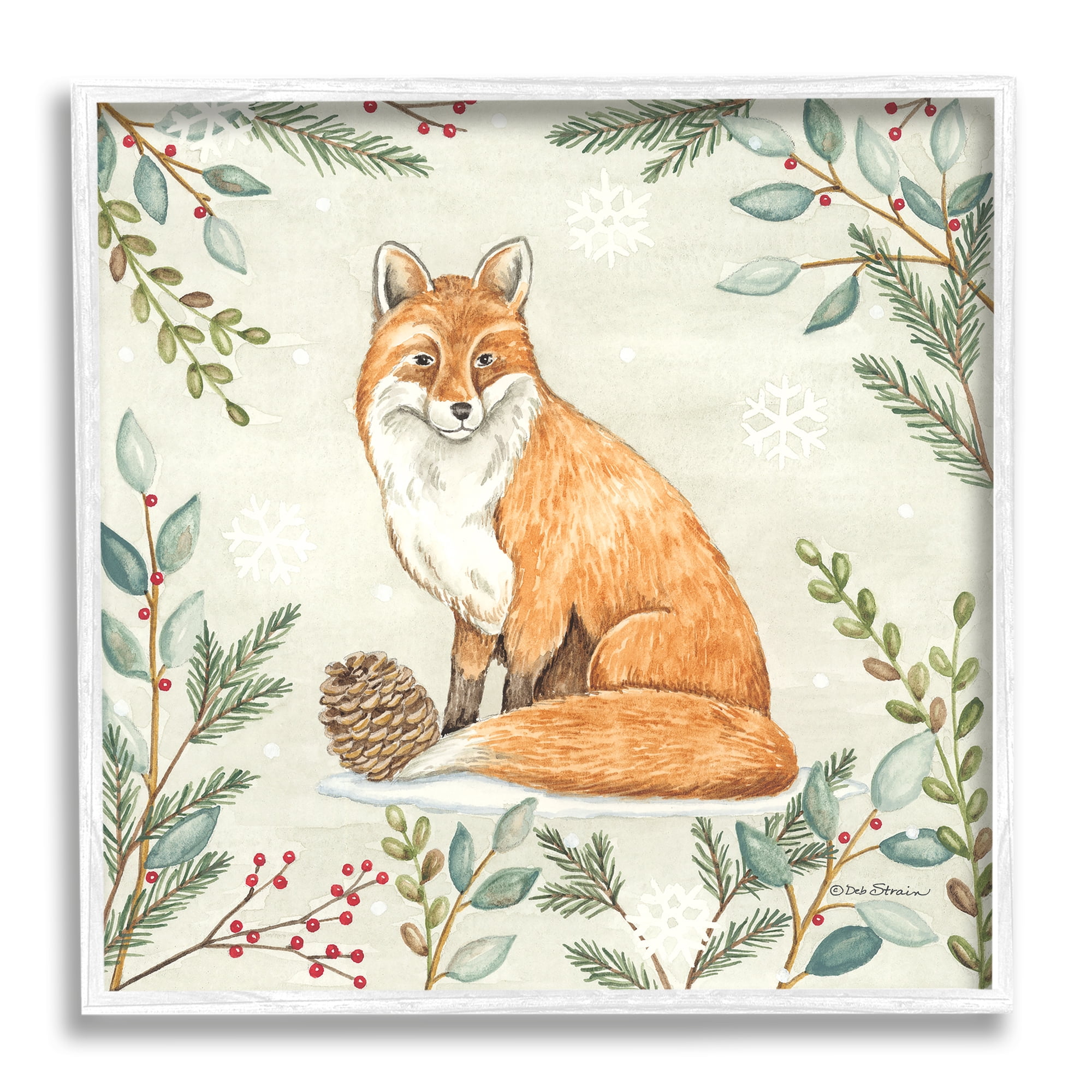 Stupell Industries Fox in Winter Forest Holiday Painting White Framed Art Print Wall Art, 24 x 24