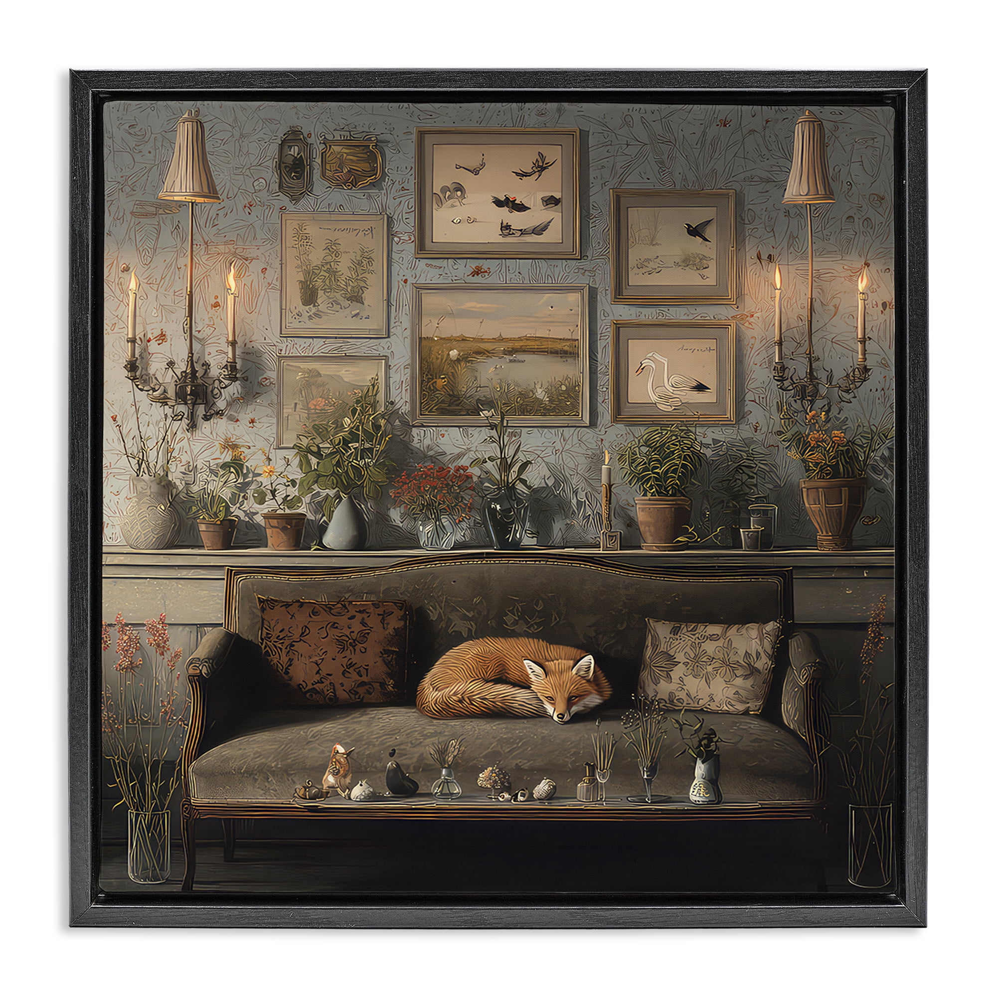 Stupell Industries Fox on Antique Sofa Black Framed Floater Canvas Wall Art, design by The Wands Want