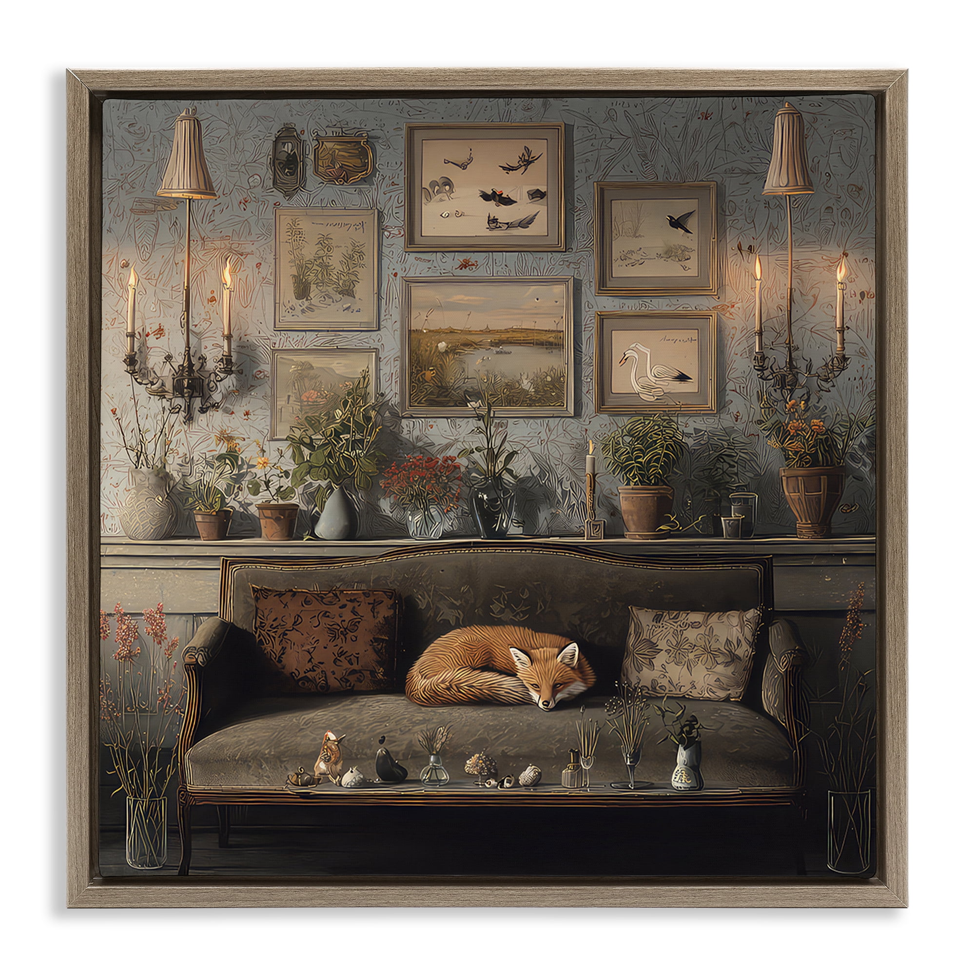 Stupell Industries Fox on Antique Sofa Brown Framed Floater Canvas Wall Art, design by The Wands Want