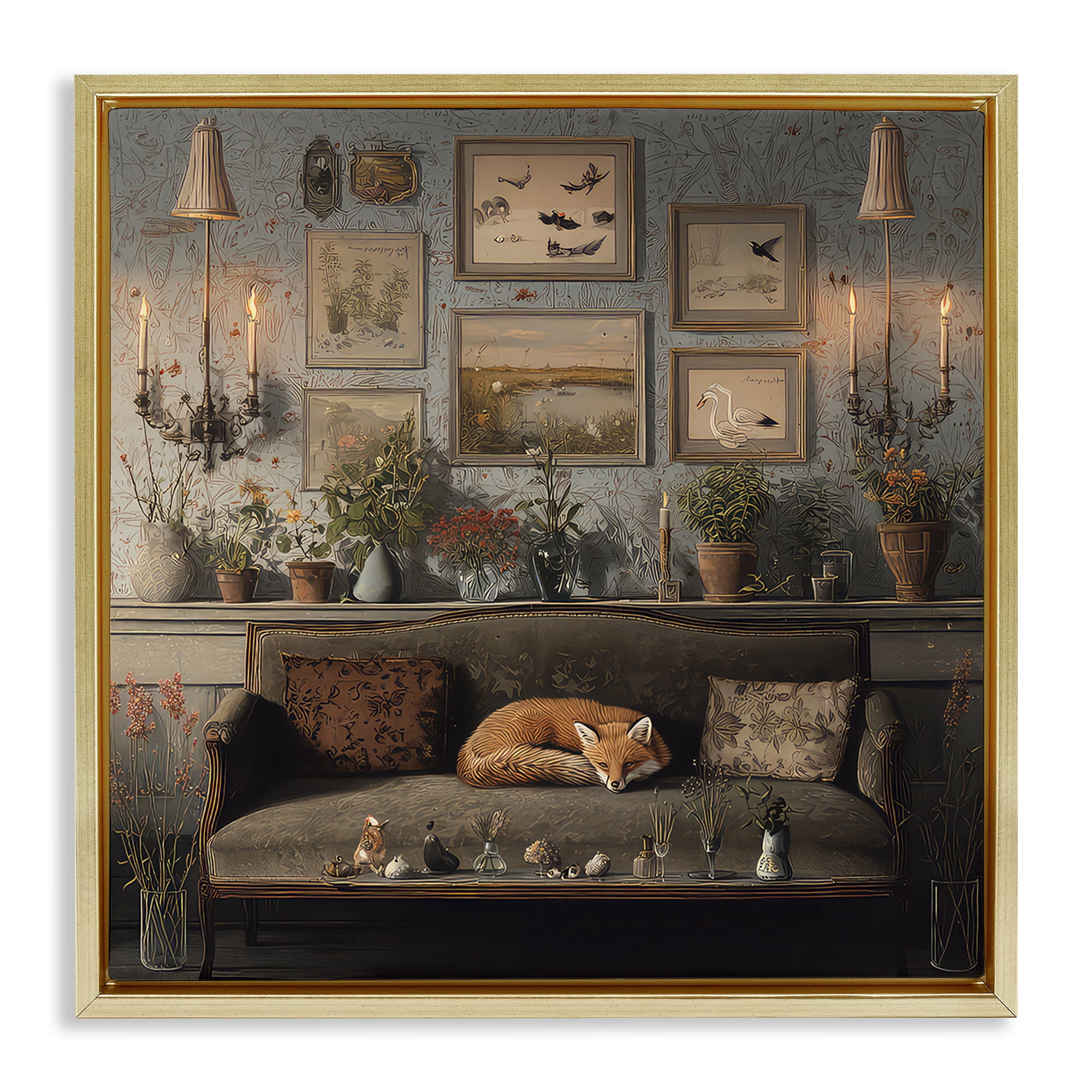 Stupell Industries Fox on Antique Sofa Gold Framed Floater Canvas Wall Art, design by The Wands Want