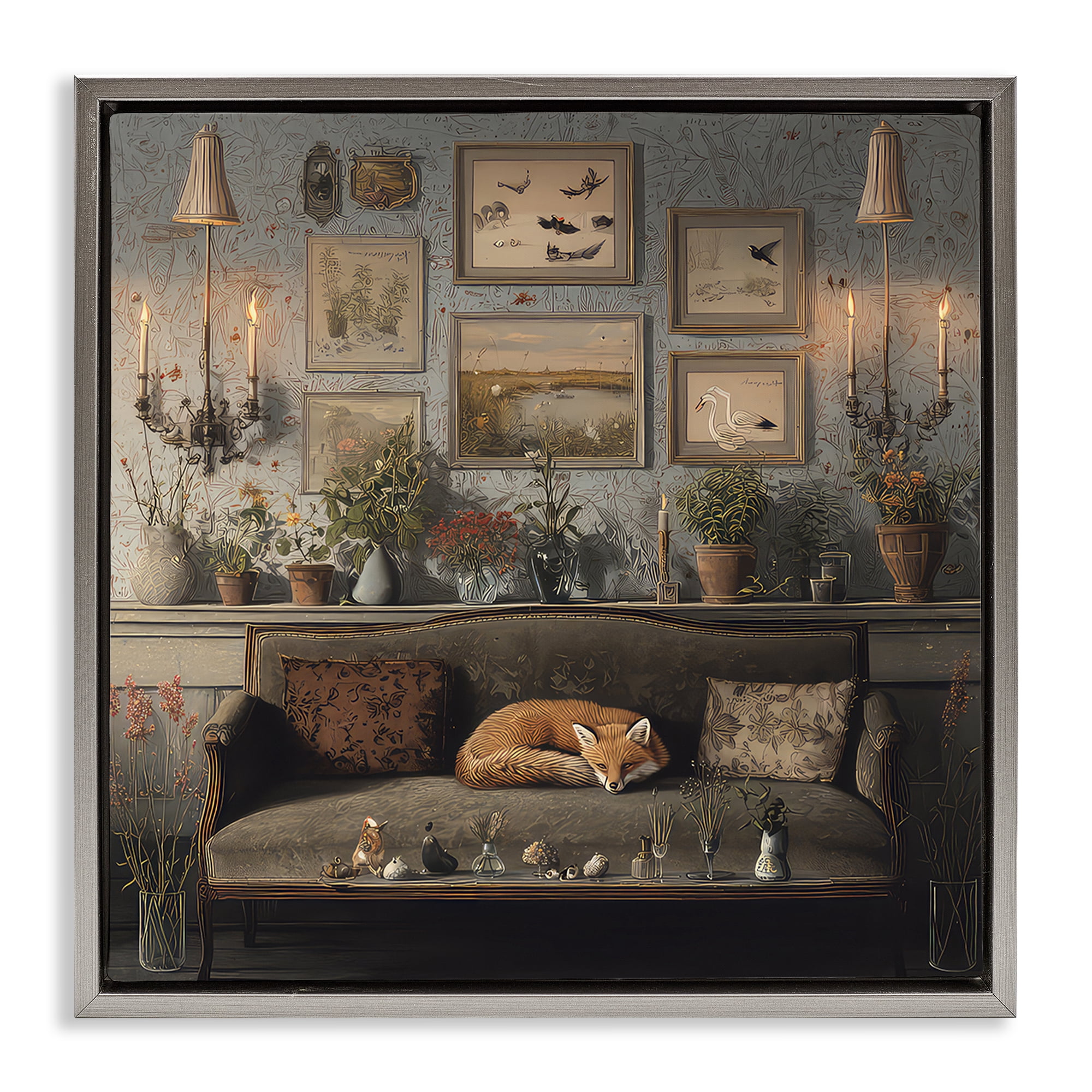 Stupell Industries Fox on Antique Sofa Gray Framed Floater Canvas Wall Art, design by The Wands Want