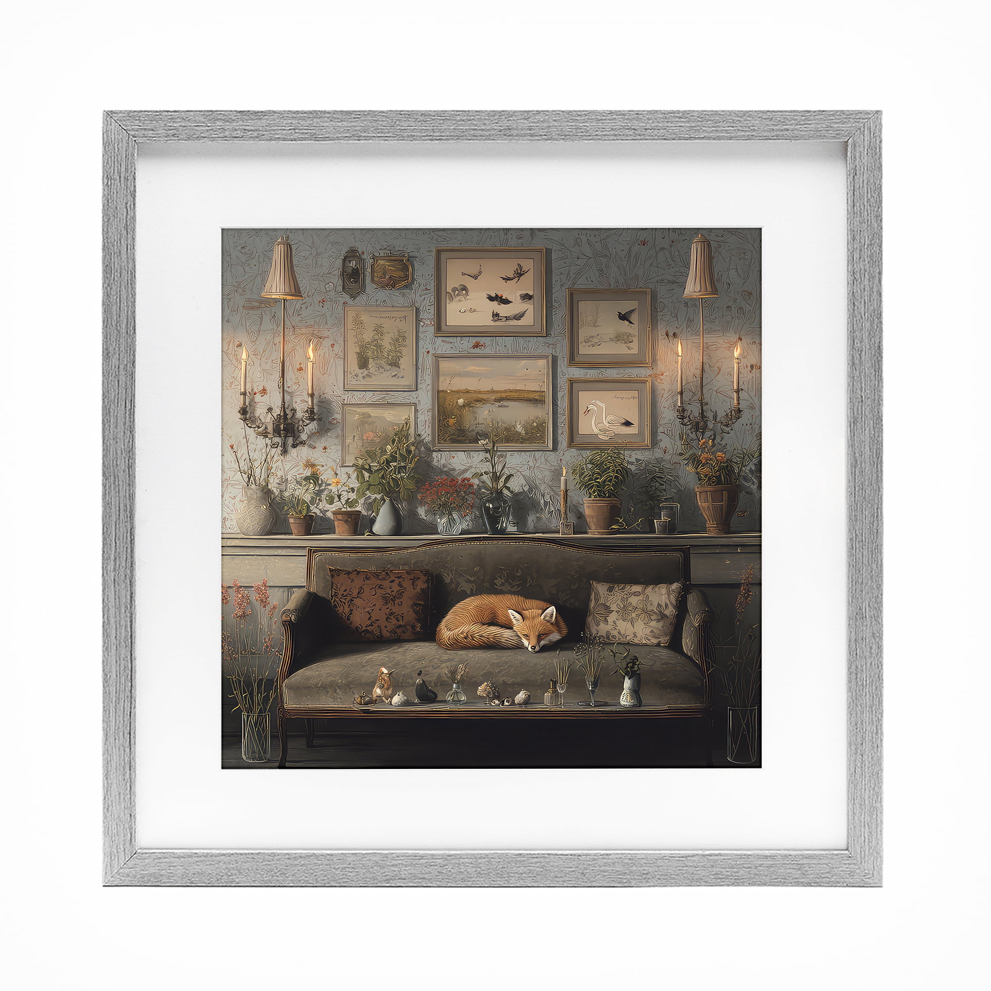 Stupell Industries Fox on Antique Sofa Gray Framed Print Under Glass, design by The Wands Want