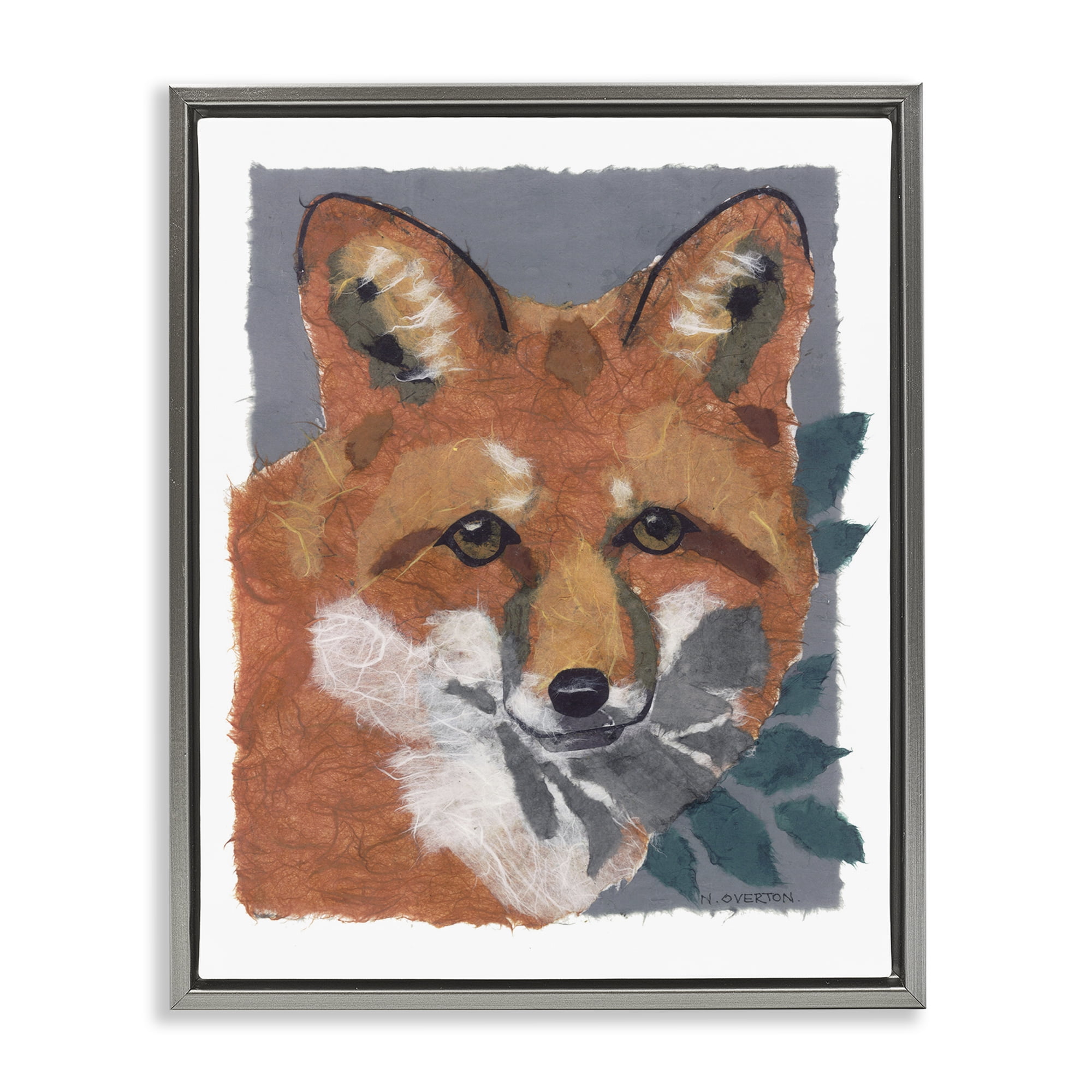 Stupell Industries Fox with Opaque Leaves Animals & Insects Painting Gray Floater Framed Canvas Art Print Wall Art, 17 x 21