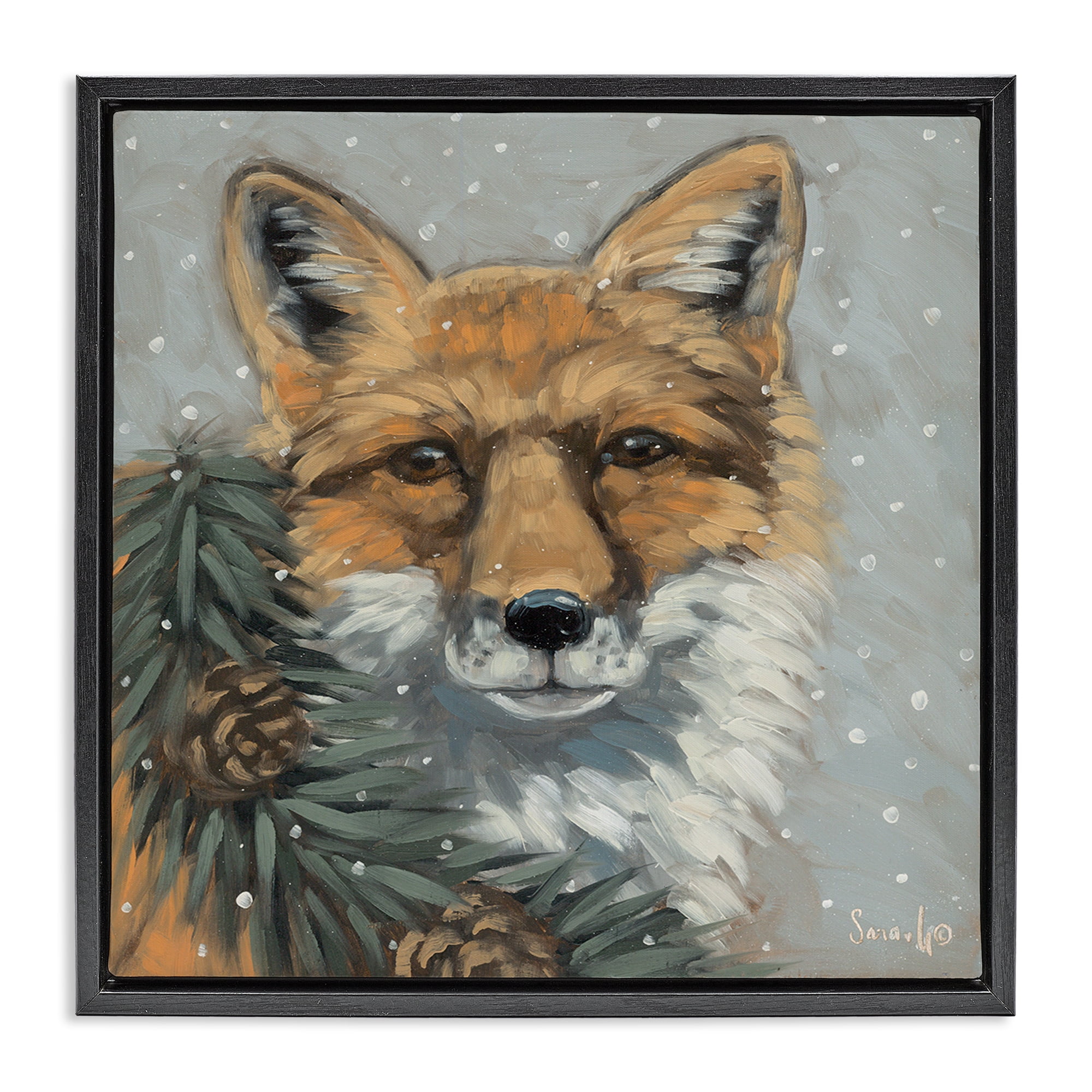 Stupell Industries Fox with Snowy Pinecones Holiday Painting Black Floater Framed Canvas Art Prints Wall Art, 18 x 18