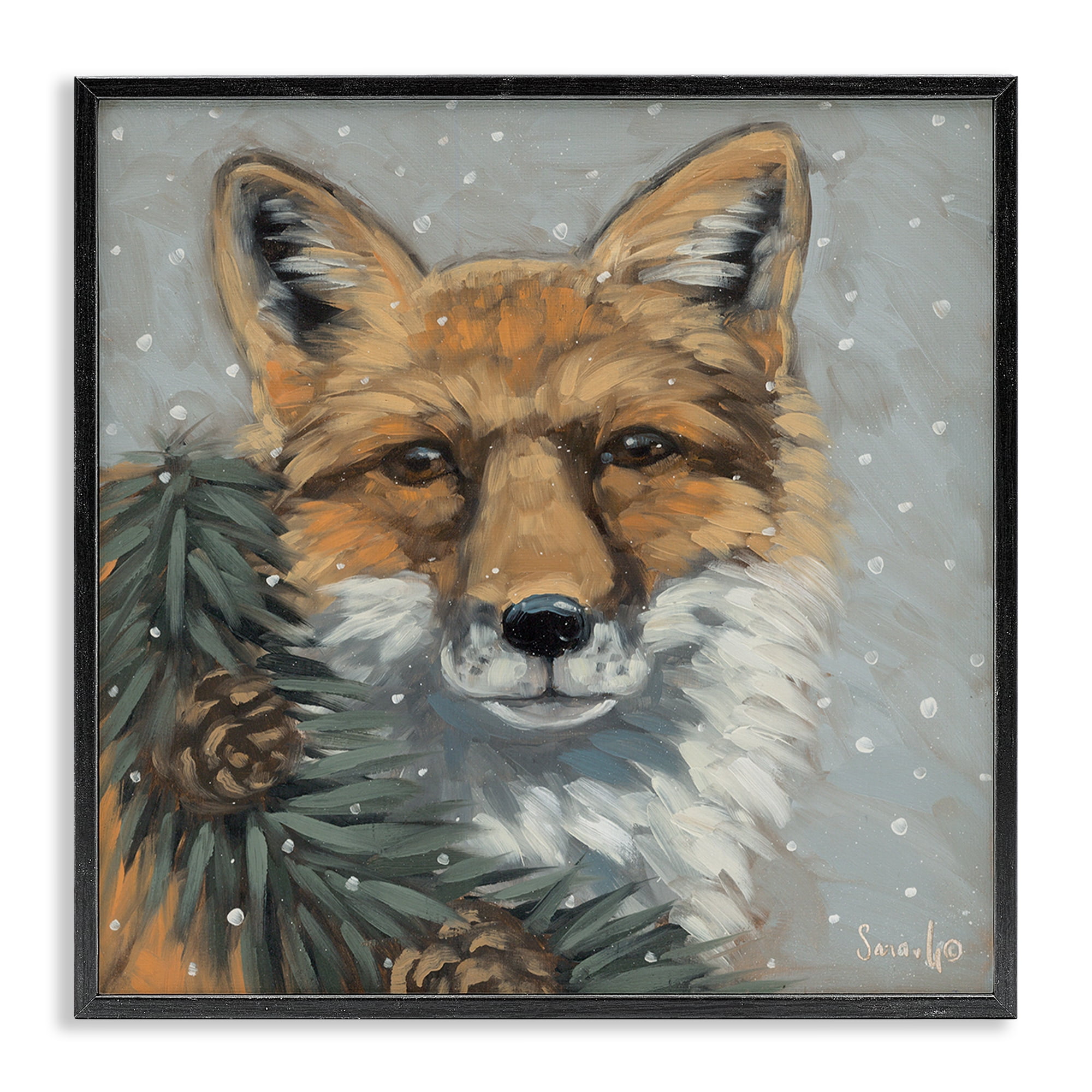 Stupell Industries Fox with Snowy Pinecones Holiday Painting Black Framed Art Prints Wall Art, 24 x 24