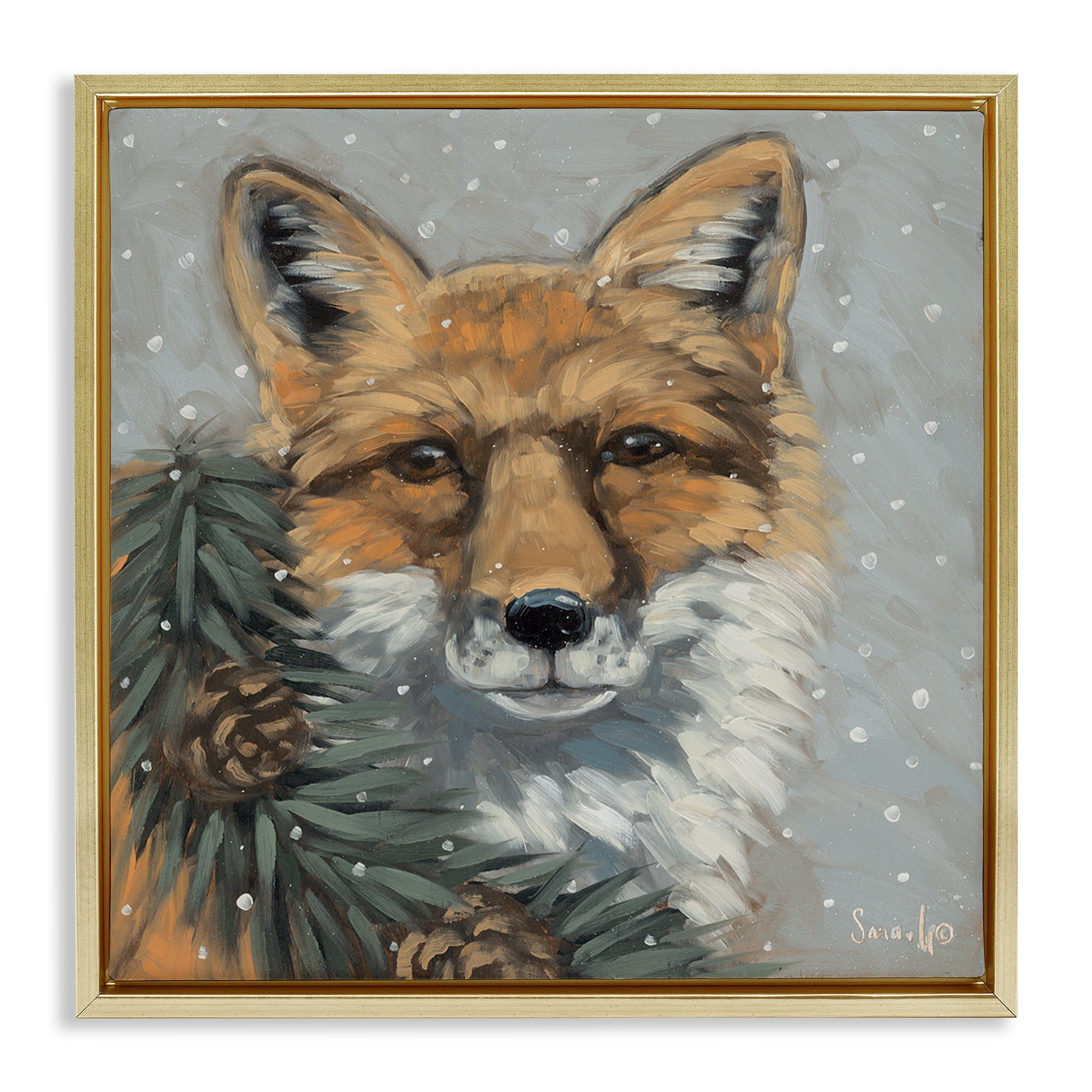 Stupell Industries Fox with Snowy Pinecones Holiday Painting Gold Floater Framed Canvas Art Prints Wall Art, 25 x 25