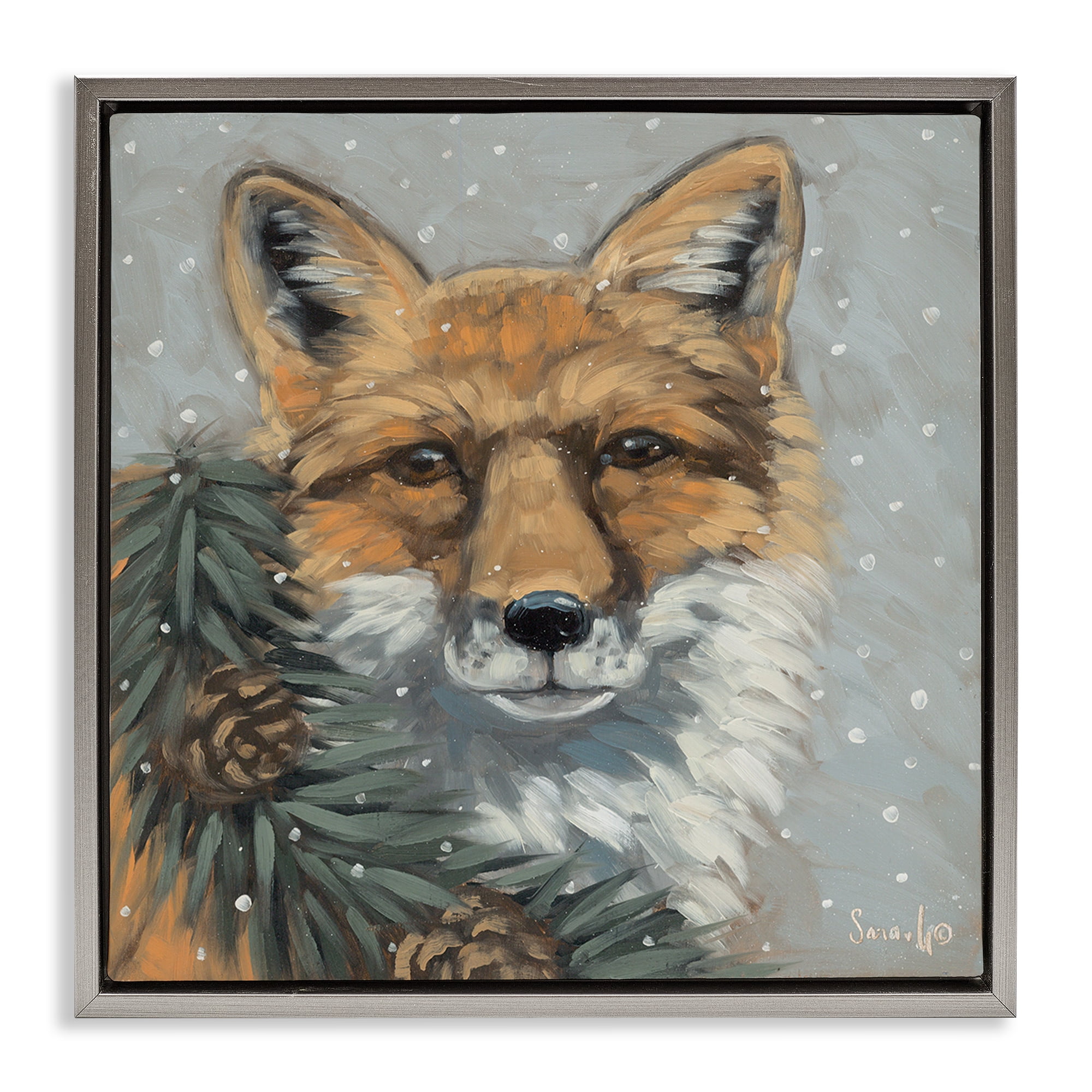 Stupell Industries Fox with Snowy Pinecones Holiday Painting Gray Floater Framed Canvas Art Prints Wall Art, 18 x 18