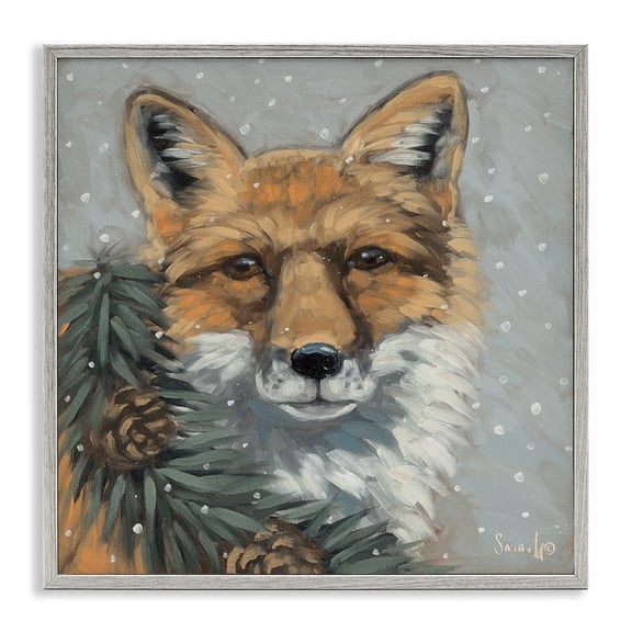 Stupell Industries Fox with Snowy Pinecones Holiday Painting Gray Framed Art Prints Wall Art, 12 x 12