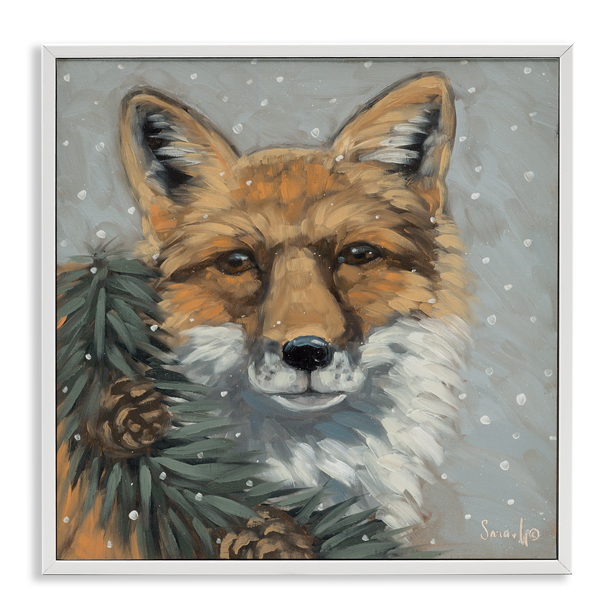Stupell Industries Fox with Snowy Pinecones Holiday Painting White Framed Art Prints Wall Art, 24 x 24