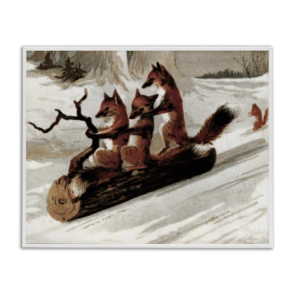 Stupell Industries Foxes Sledding on Log White Framed Giclee Art, design by Arlington Prints