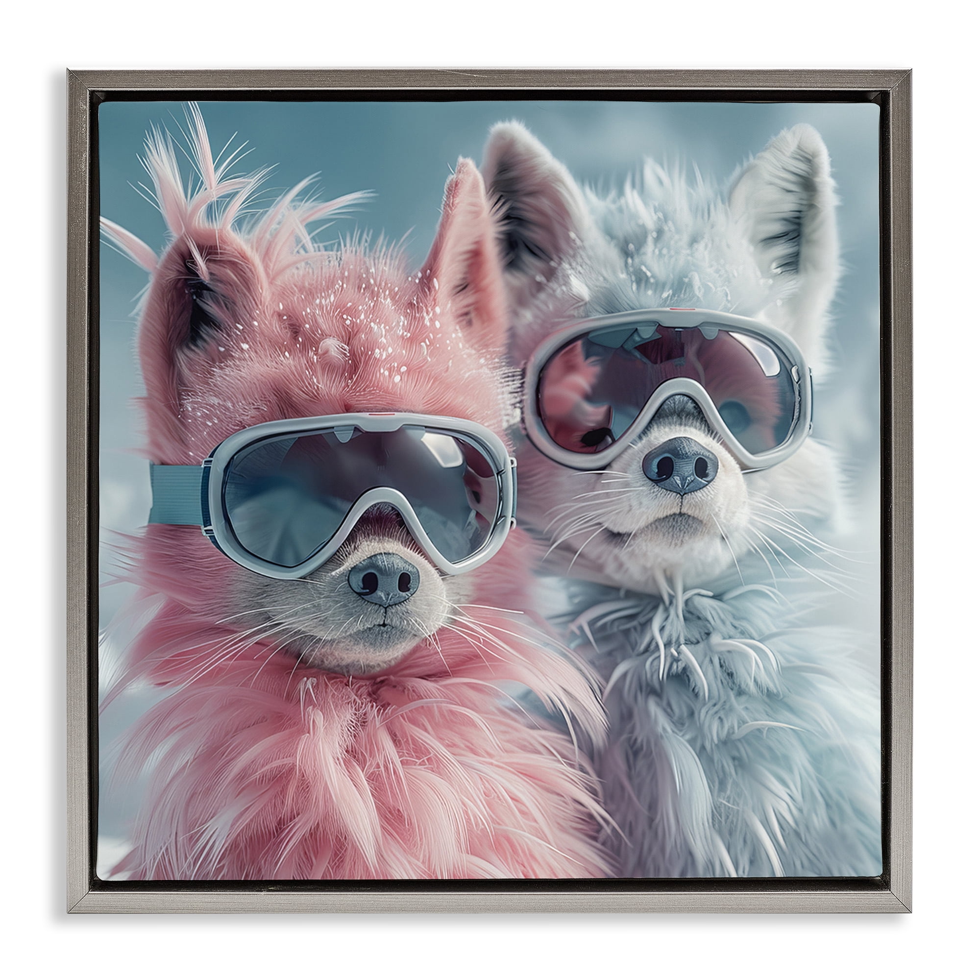 Stupell Industries Foxes in Winter Goggles Animals Painting Gray Floater Framed Canvas Art Print Wall Art, 18 x 18