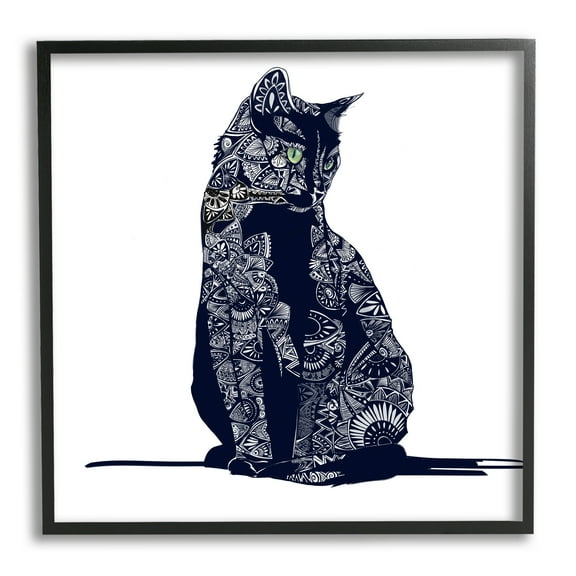 Stupell Industries Fractal Patterned Black Cat Animals & Insects Painting Black Framed Art Print Wall Art