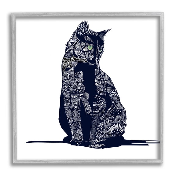 Stupell Industries Fractal Patterned Black Cat Animals & Insects Painting Gray Framed Art Print Wall Art