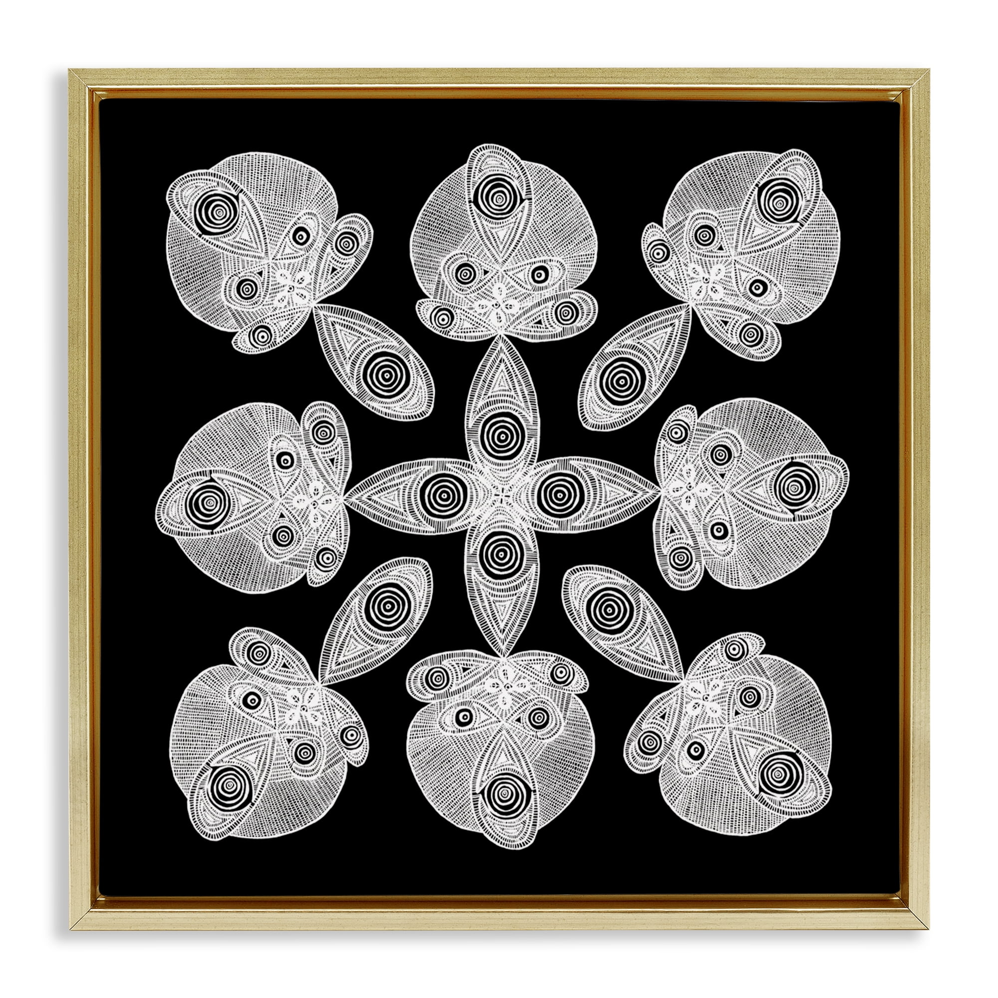 Stupell Industries Fractal Symmetry in Monochrome Gold Framed Floater Canvas Wall Art, design by El Perkin