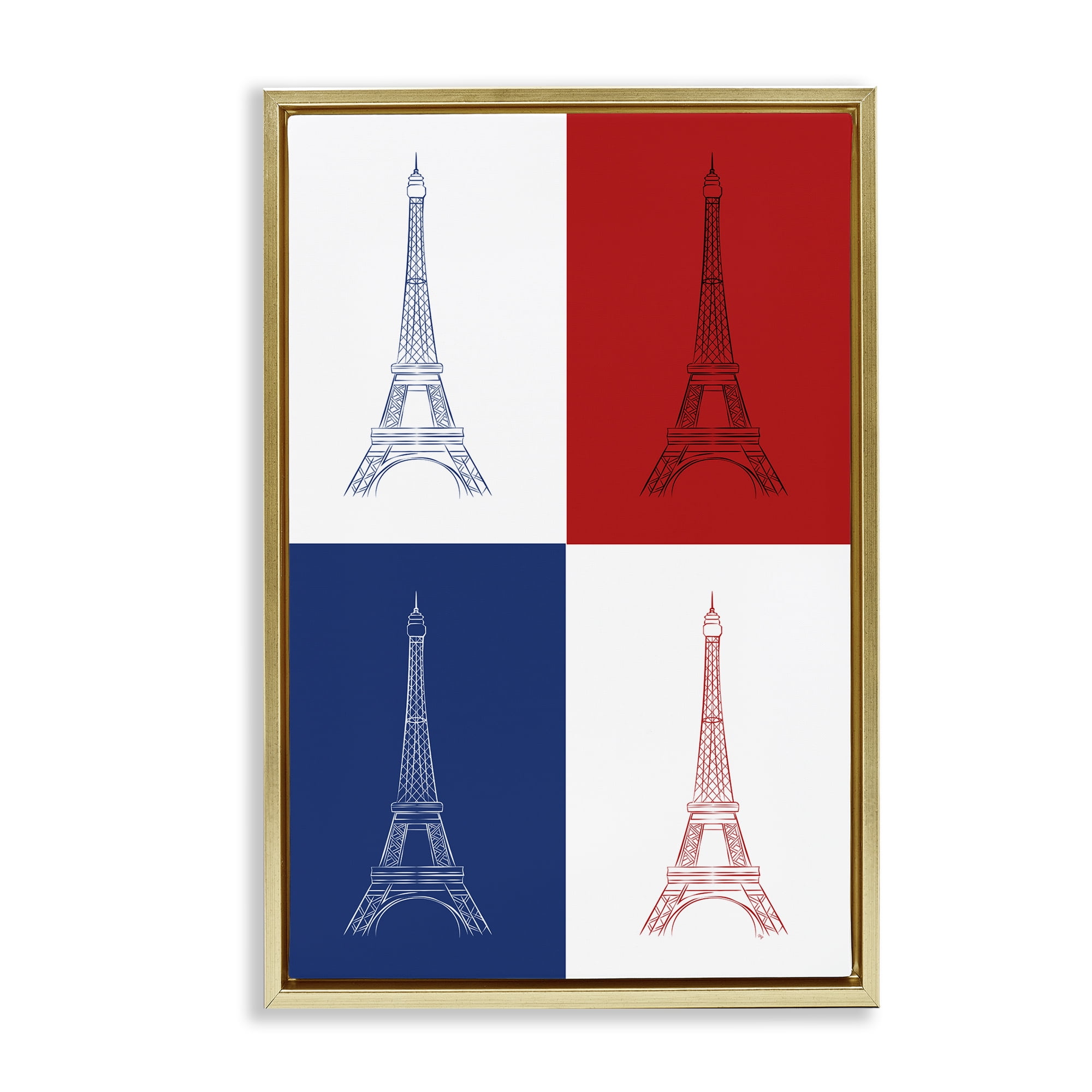Stupell Industries France Flag Eiffel Tower Buildings & Architecture Painting Gold Floater Framed Canvas Art Print Wall Art, 21 x 31