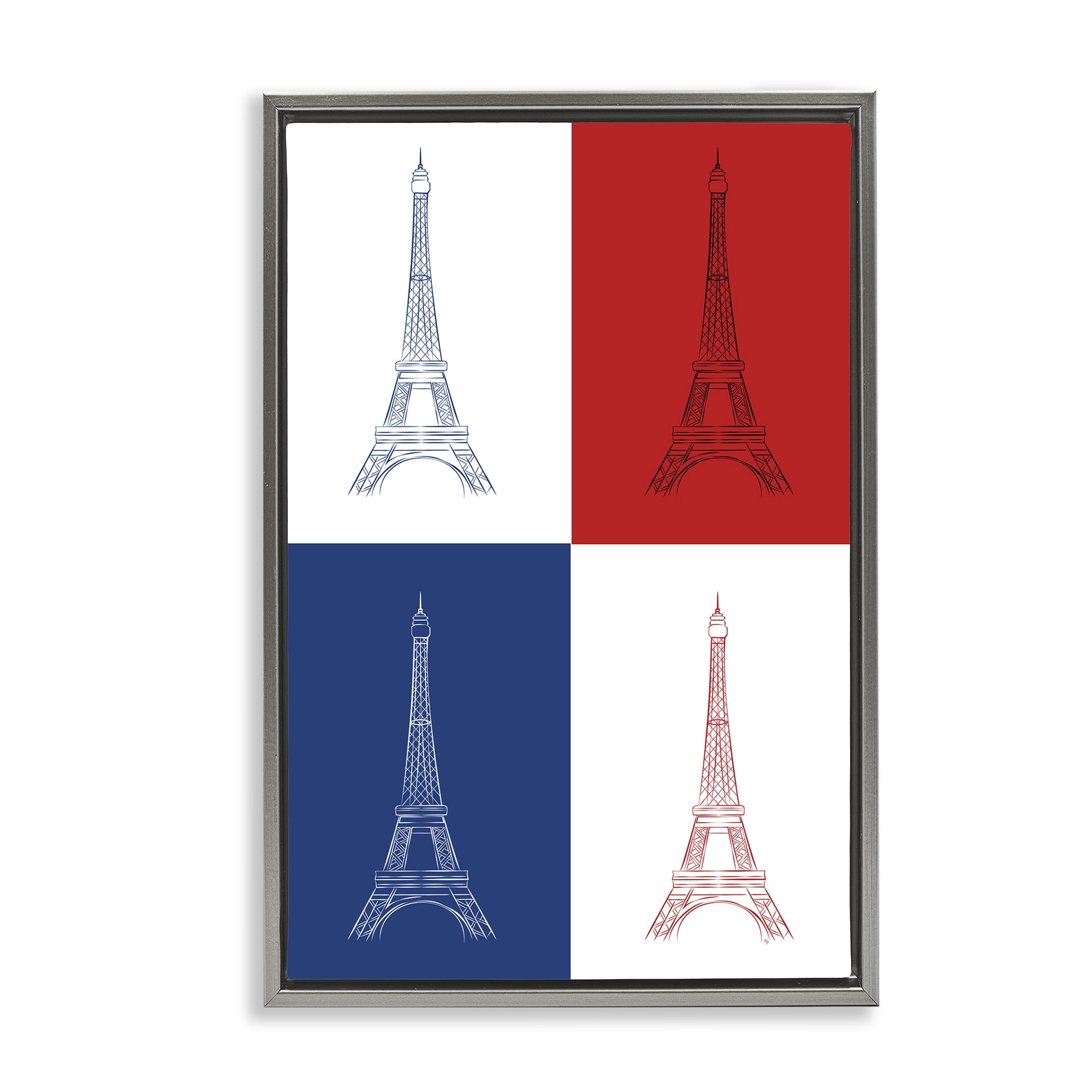 Stupell Industries France Flag Eiffel Tower Buildings & Architecture Painting Gray Floater Framed Canvas Art Print Wall Art, 21 x 31