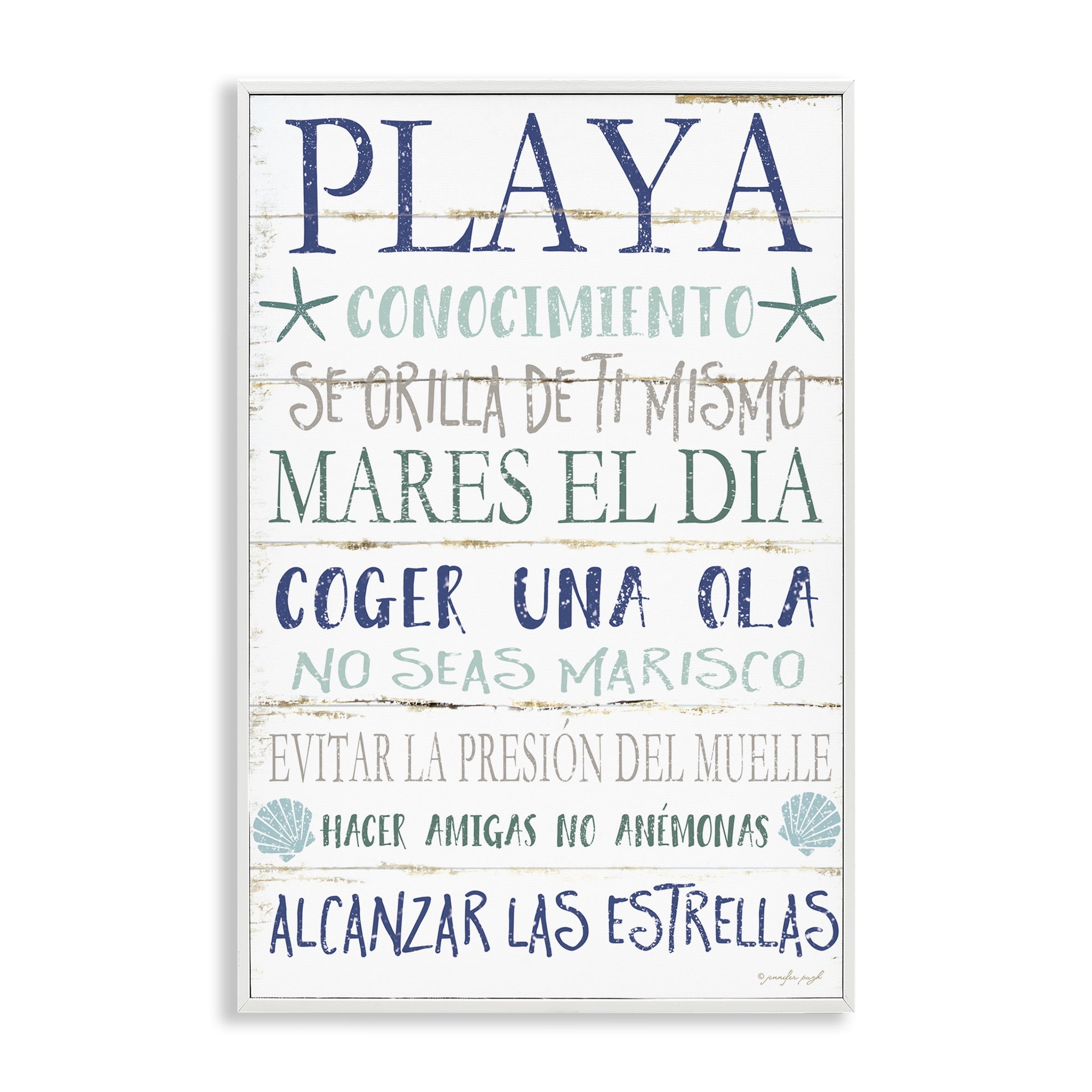 Stupell Industries Frases Felices De Playa Beach Painting White Framed Art Print Wall Art, 12 x 18