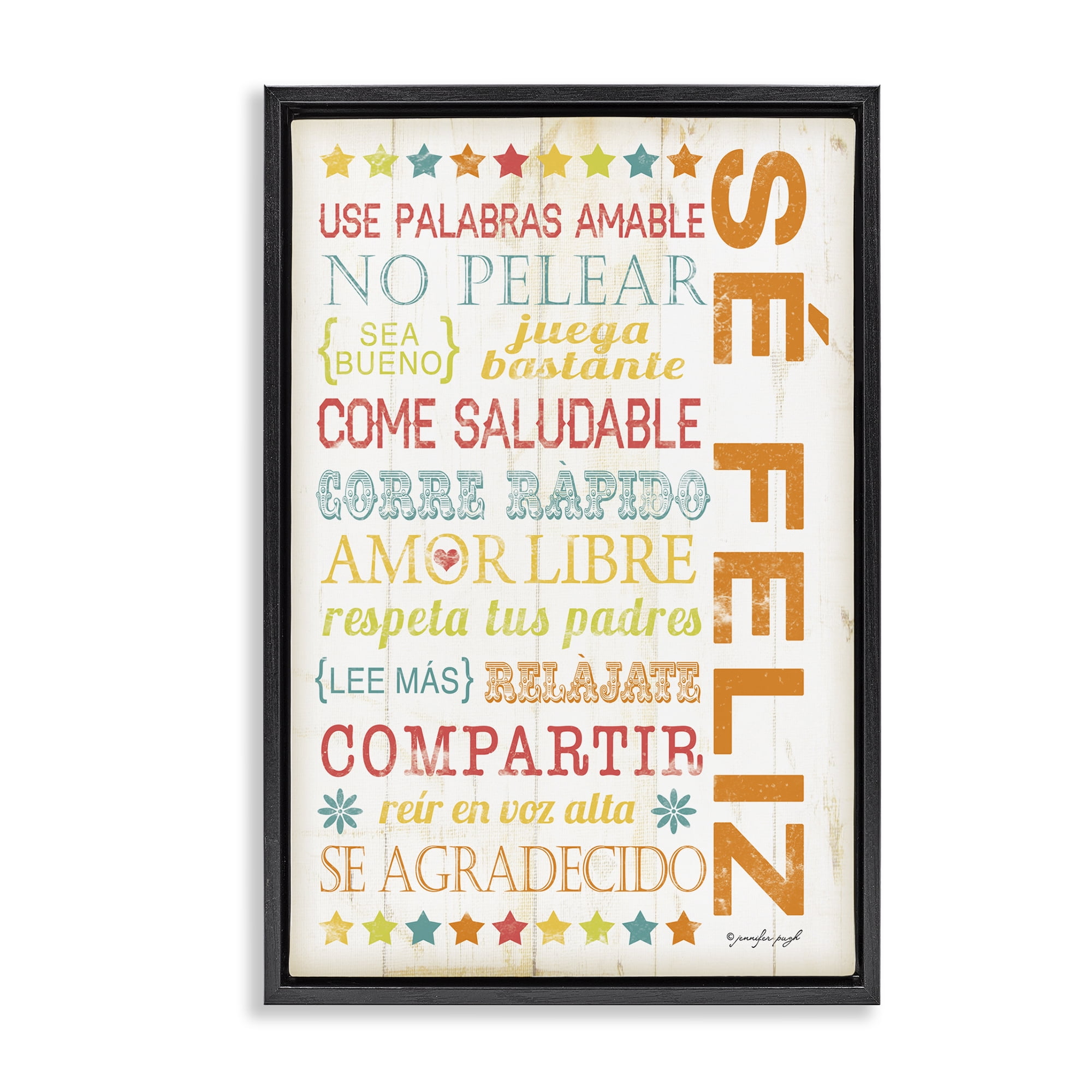 Stupell Industries Frases para Ser Feliz Inspirational Quotes & Sayings Painting Black Floater Framed Art Print Wall Art, 17 x 25