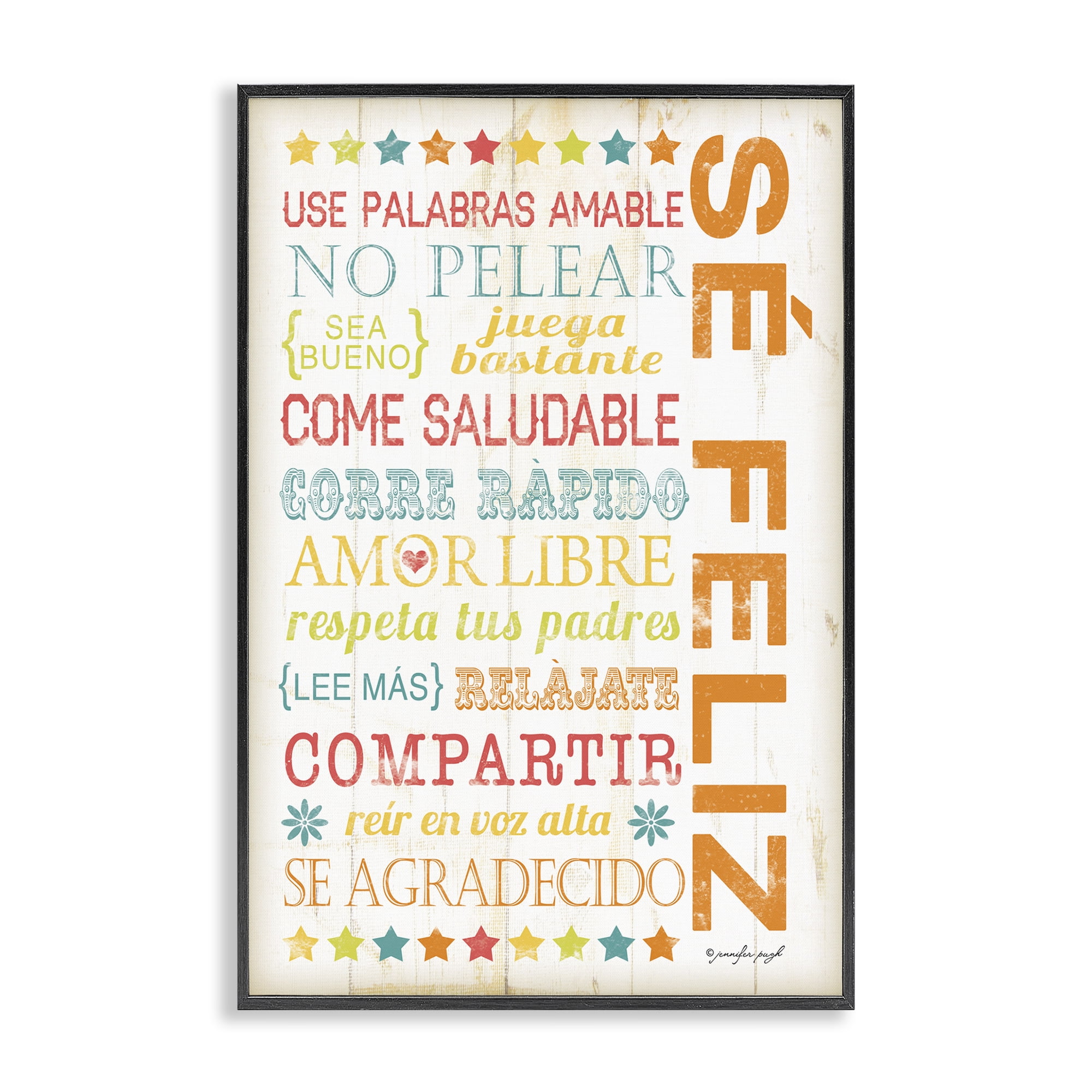 Stupell Industries Frases para Ser Feliz Inspirational Quotes & Sayings Painting Black Framed Art Print Wall Art, 12 x 18