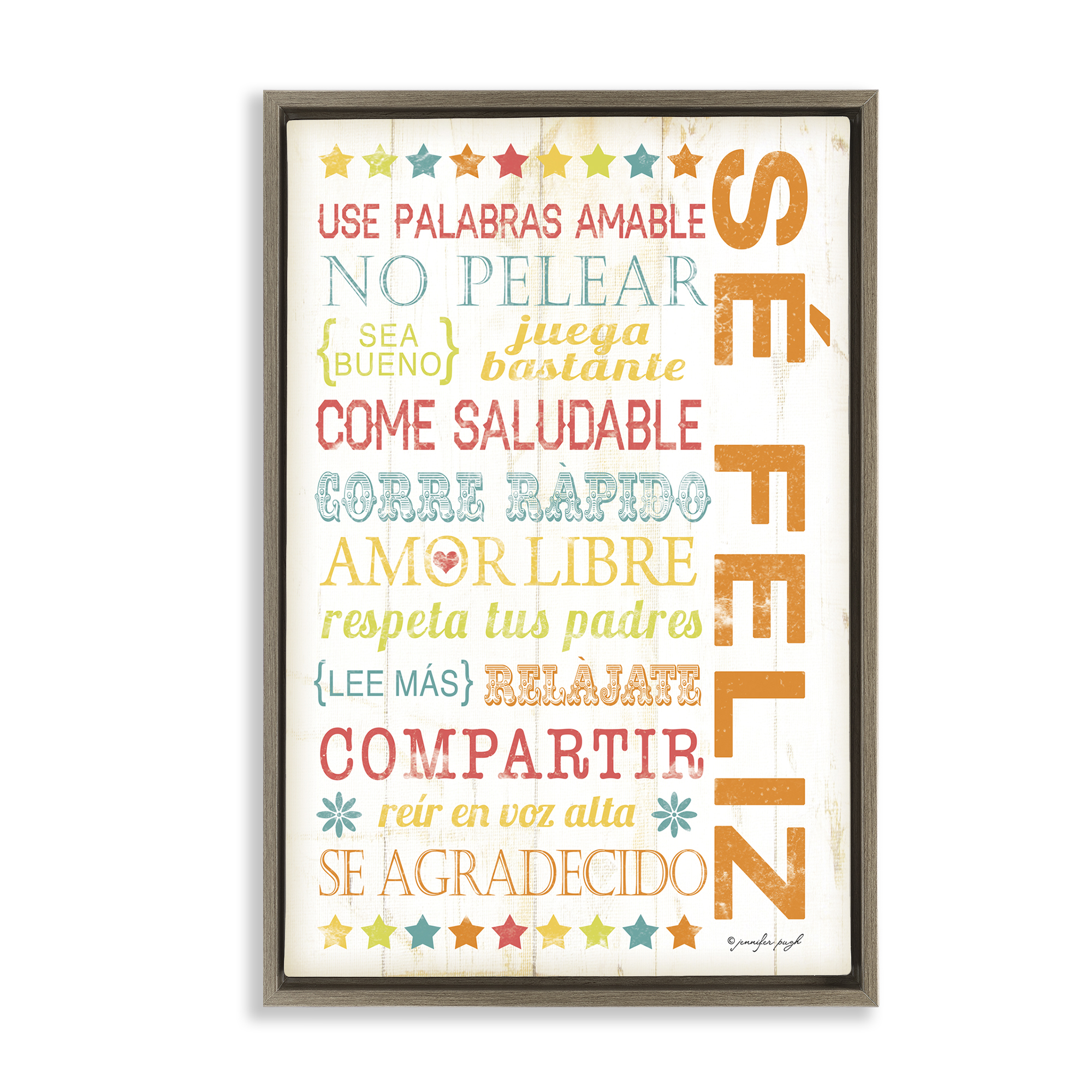 Stupell Industries Frases para Ser Feliz Inspirational Quotes & Sayings Painting Brown Floater Framed Art Print Wall Art, 17 x 25