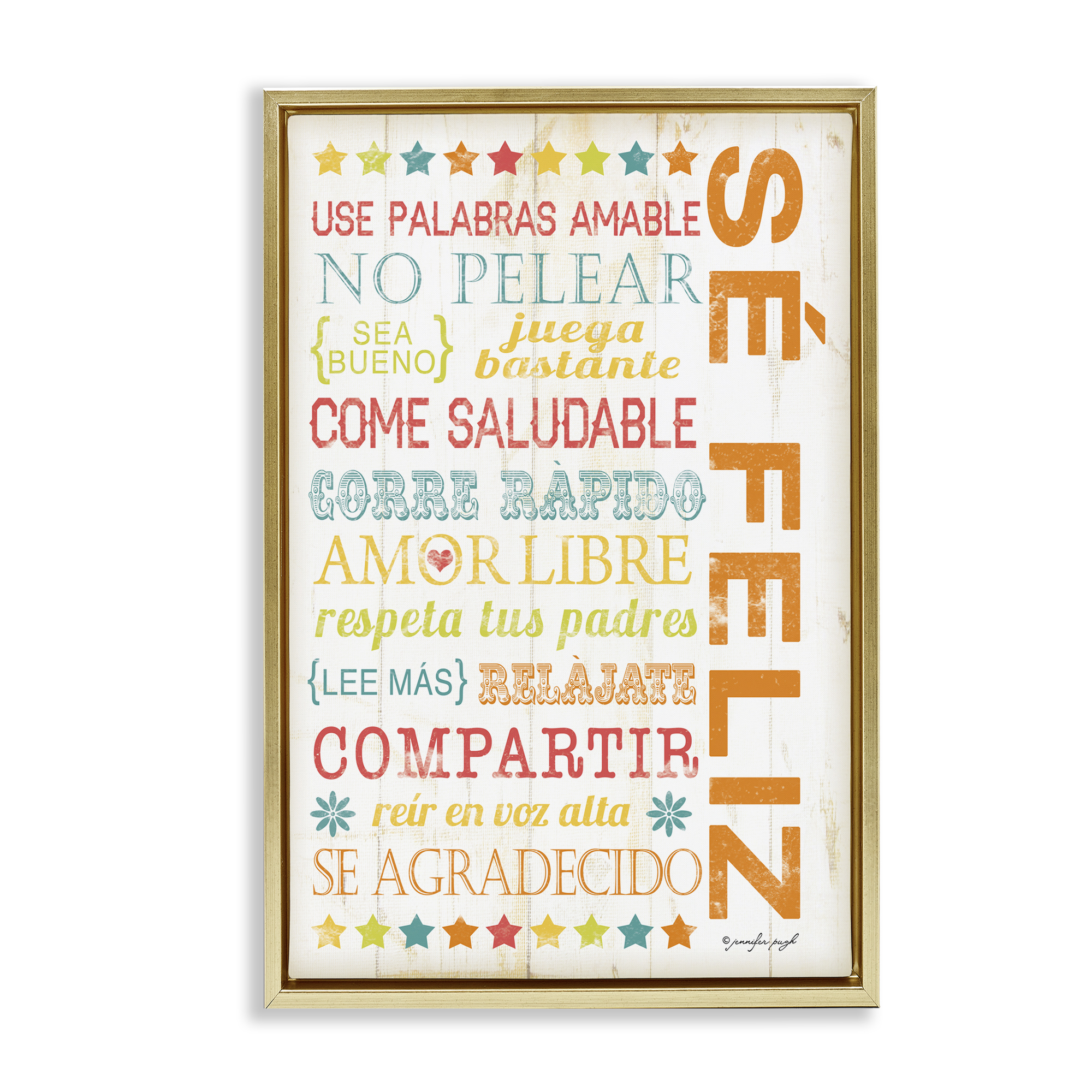 Stupell Industries Frases para Ser Feliz Inspirational Quotes & Sayings Painting Gold Floater Framed Art Print Wall Art, 21 x 31