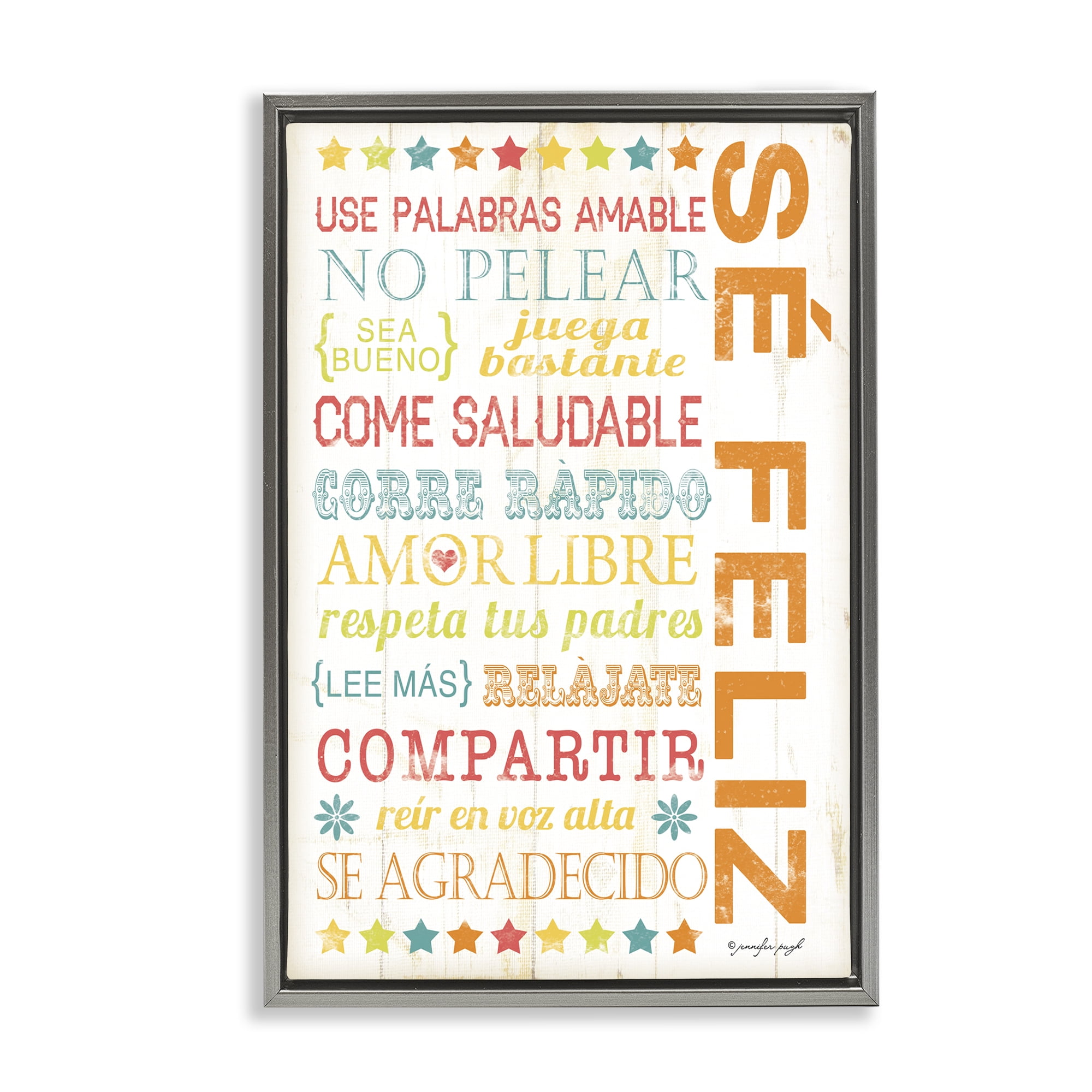 Stupell Industries Frases para Ser Feliz Inspirational Quotes & Sayings Painting Gray Floater Framed Art Print Wall Art, 21 x 31