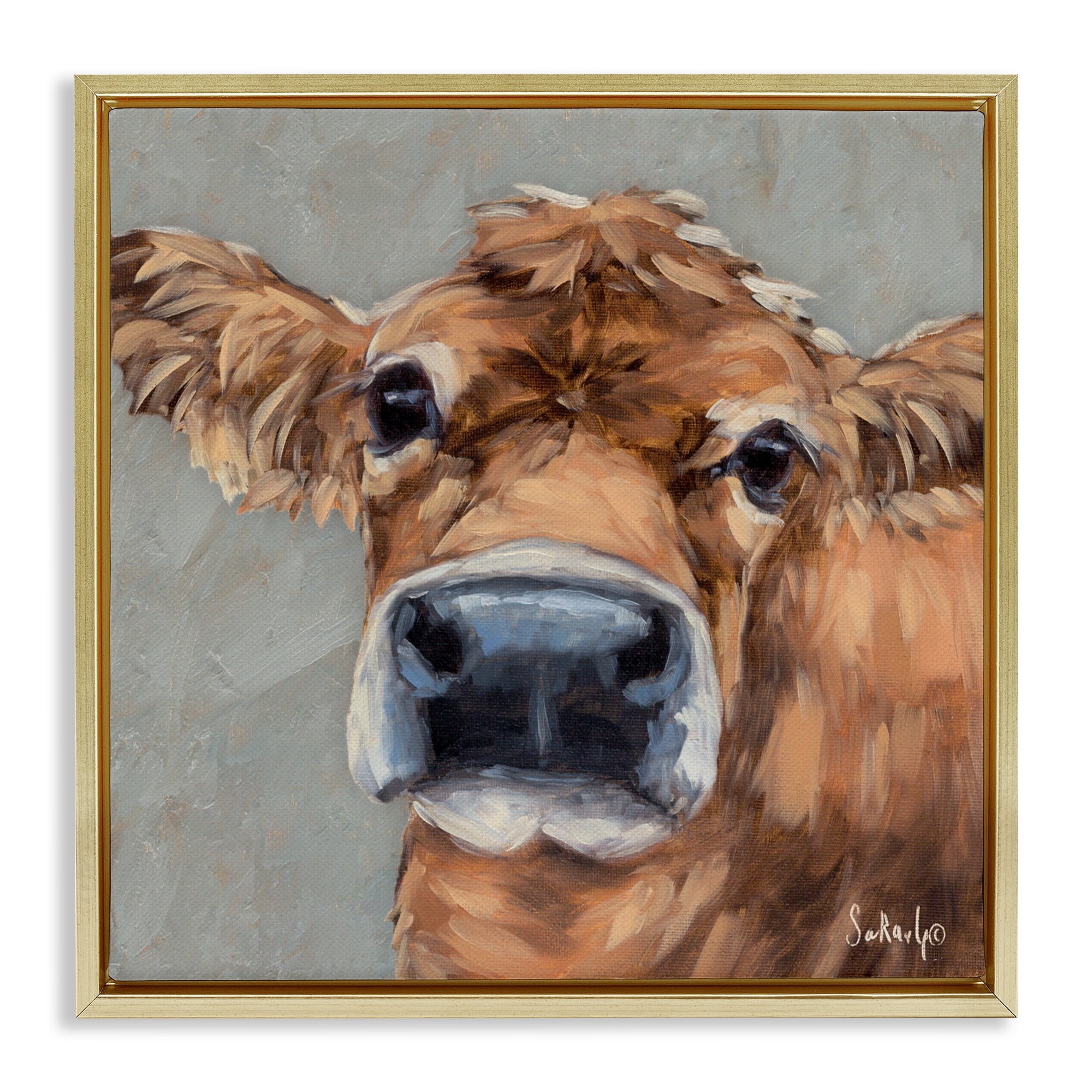 Stupell Industries Freckles The Cow Portrait Gold Framed Floater Canvas Wall Art, design by Sara G. Designs