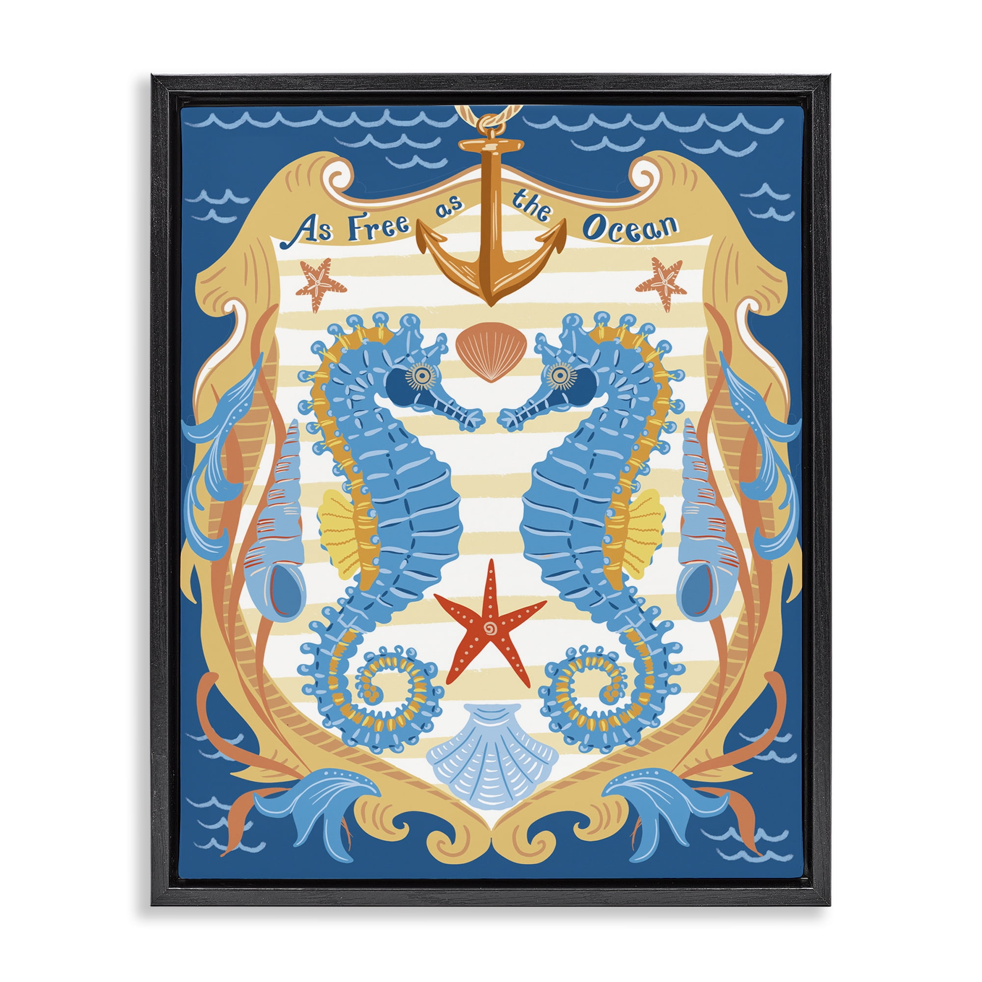 Stupell Industries Free As Ocean Seahorses Nautical & Beach Painting Black Floater Framed Canvas Art Print Wall Art, 25 x 31