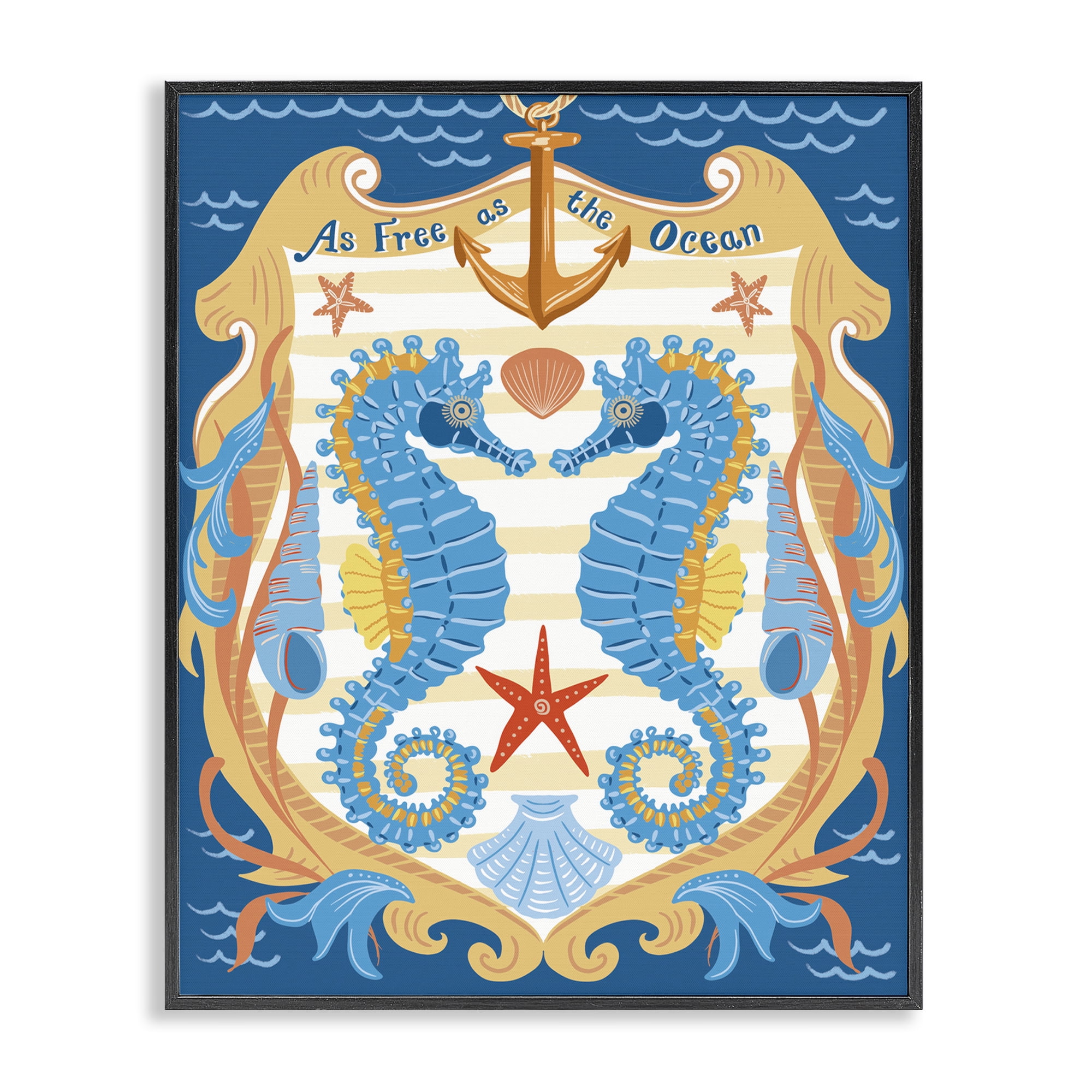 Stupell Industries Free As Ocean Seahorses Nautical & Beach Painting Black Framed Art Print Wall Art, 16 x 20