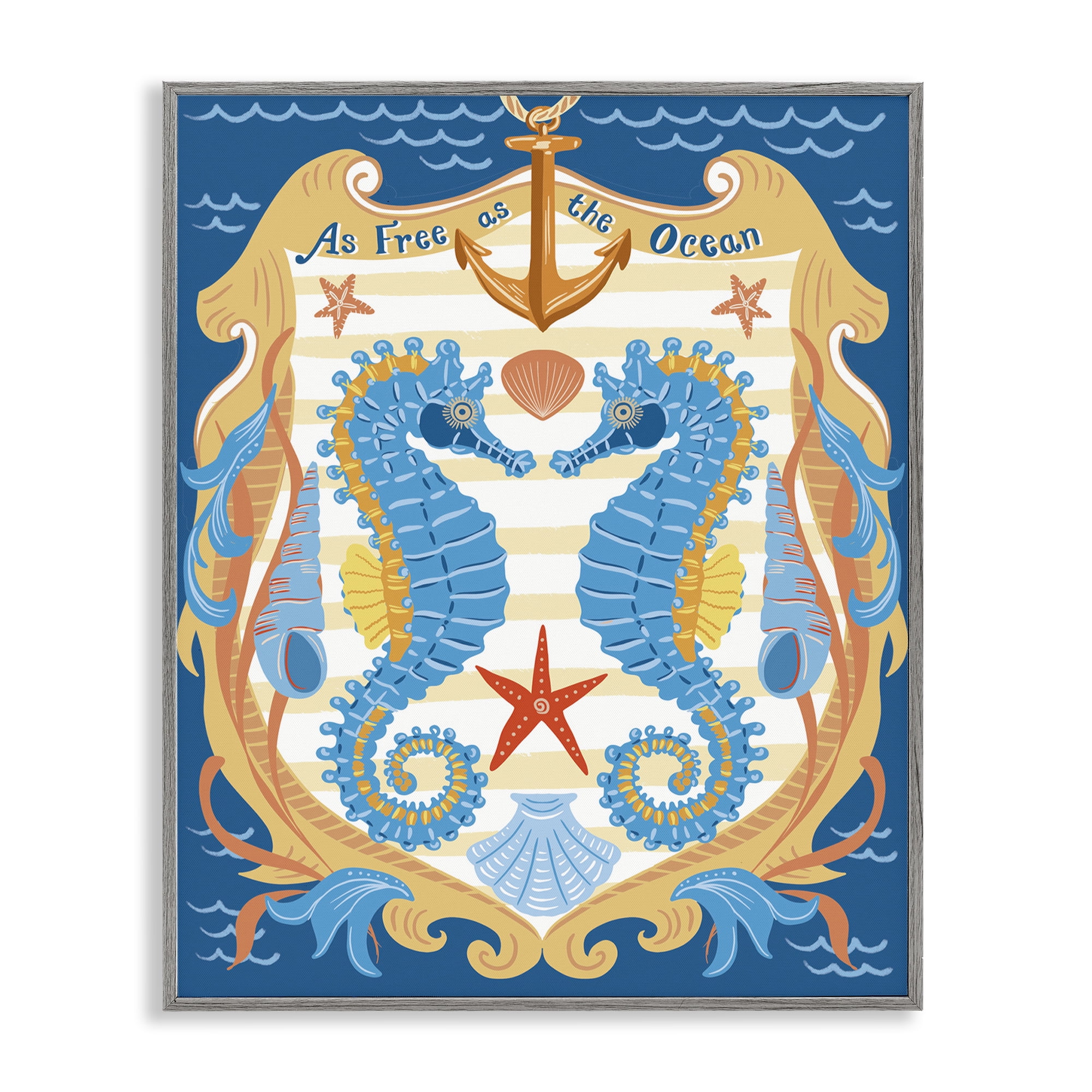 Stupell Industries Free As Ocean Seahorses Nautical & Beach Painting Gray Framed Art Print Wall Art, 16 x 20