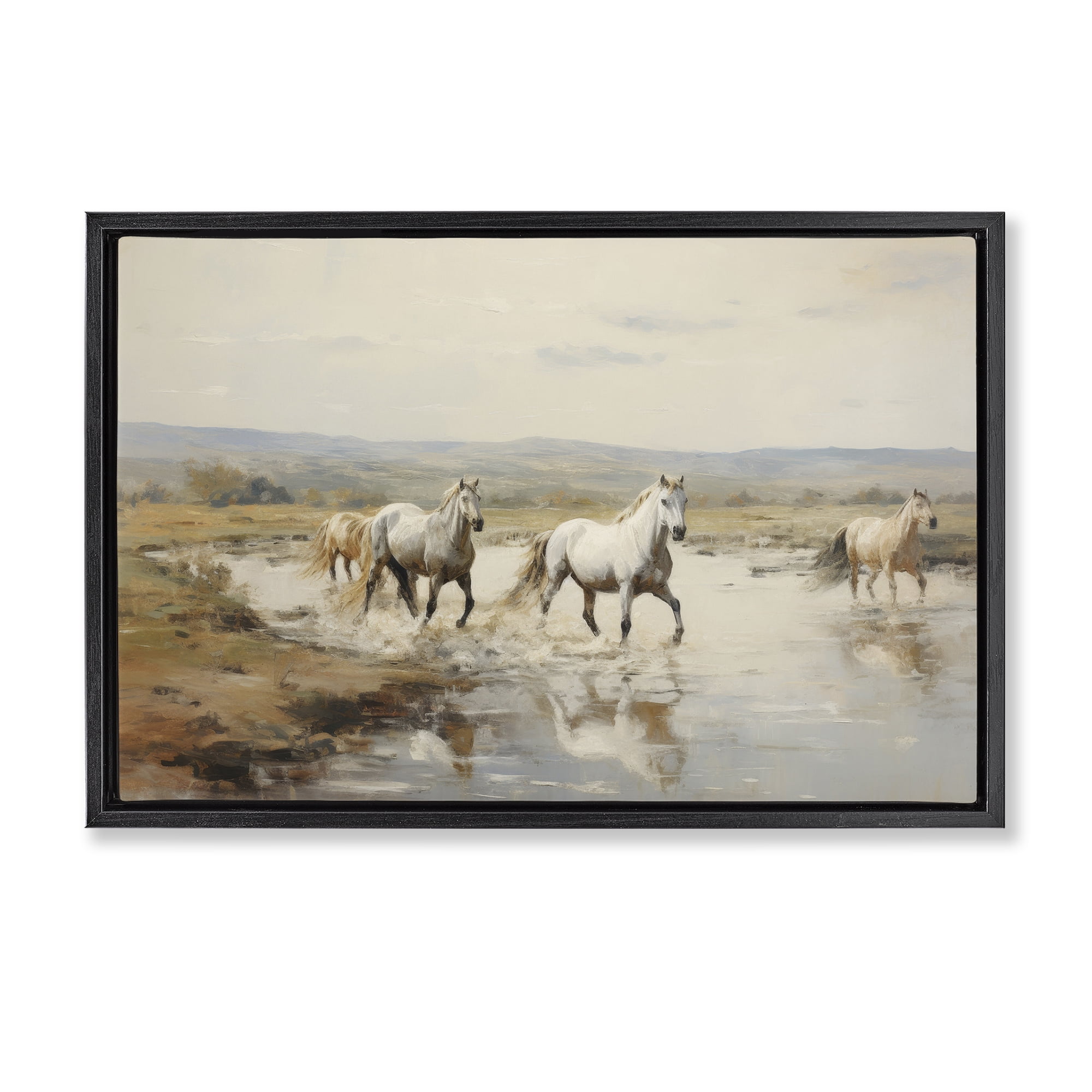 Stupell Industries Free Horses Running Landscape Painting Black Floater Framed Canvas Art Print Wall Art, 31 x 21