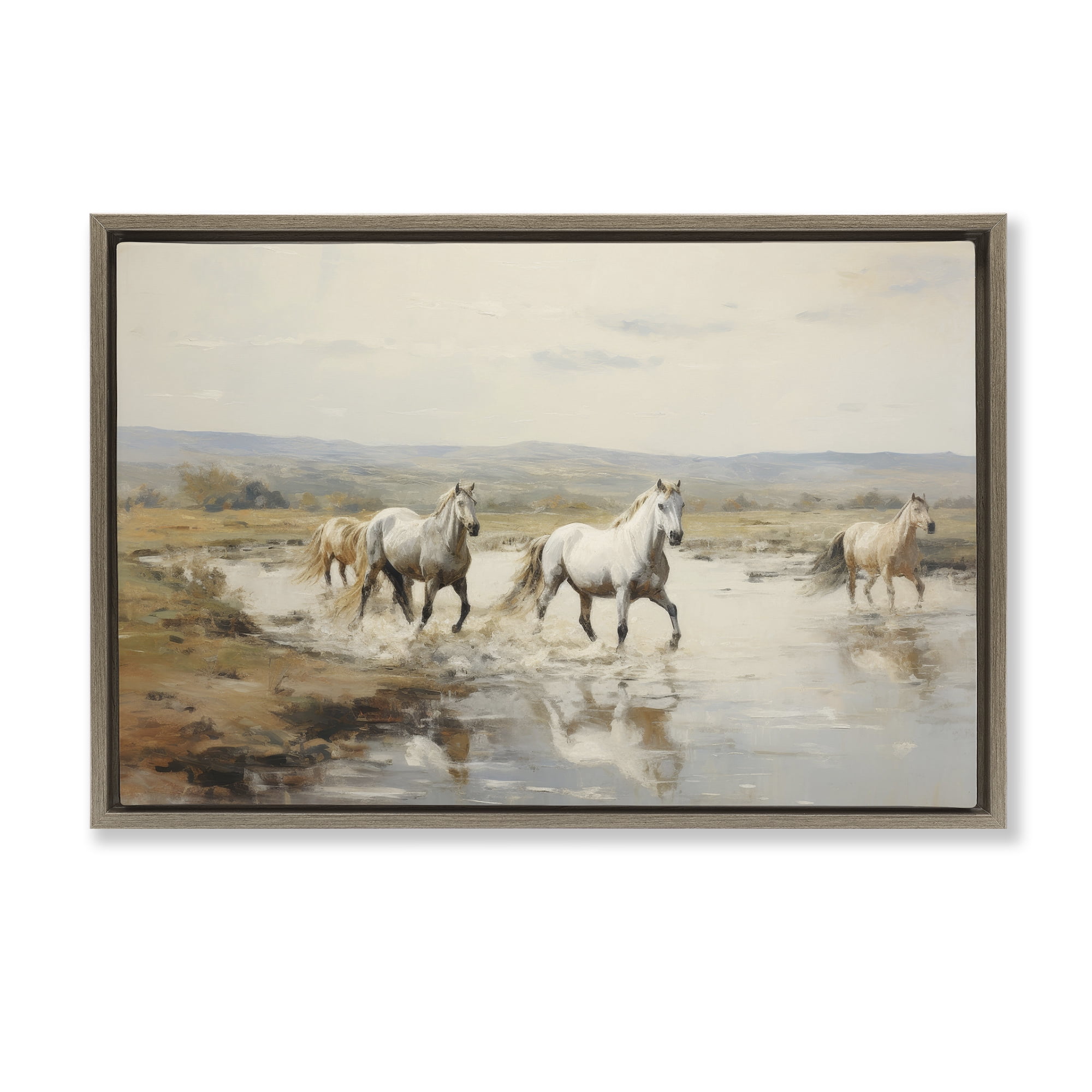 Stupell Industries Free Horses Running Landscape Painting Brown Floater Framed Canvas Art Print Wall Art, 25 x 17