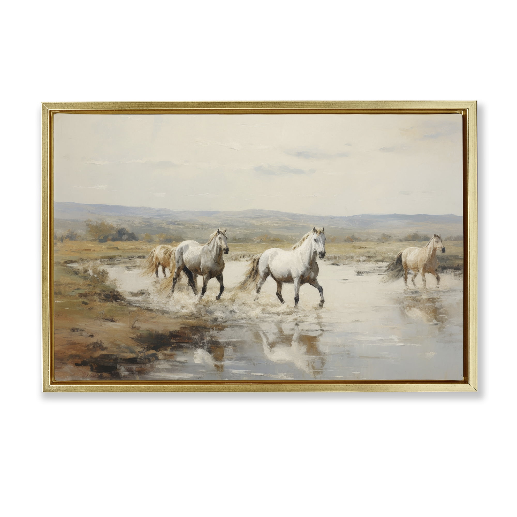 Stupell Industries Free Horses Running Landscape Painting Gold Floater Framed Canvas Art Print Wall Art, 31 x 21