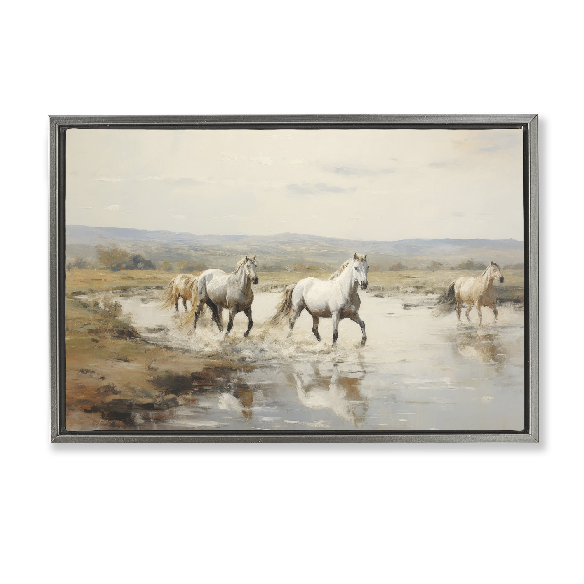 Stupell Industries Free Horses Running Landscape Painting Gray Floater Framed Canvas Art Print Wall Art, 31 x 21
