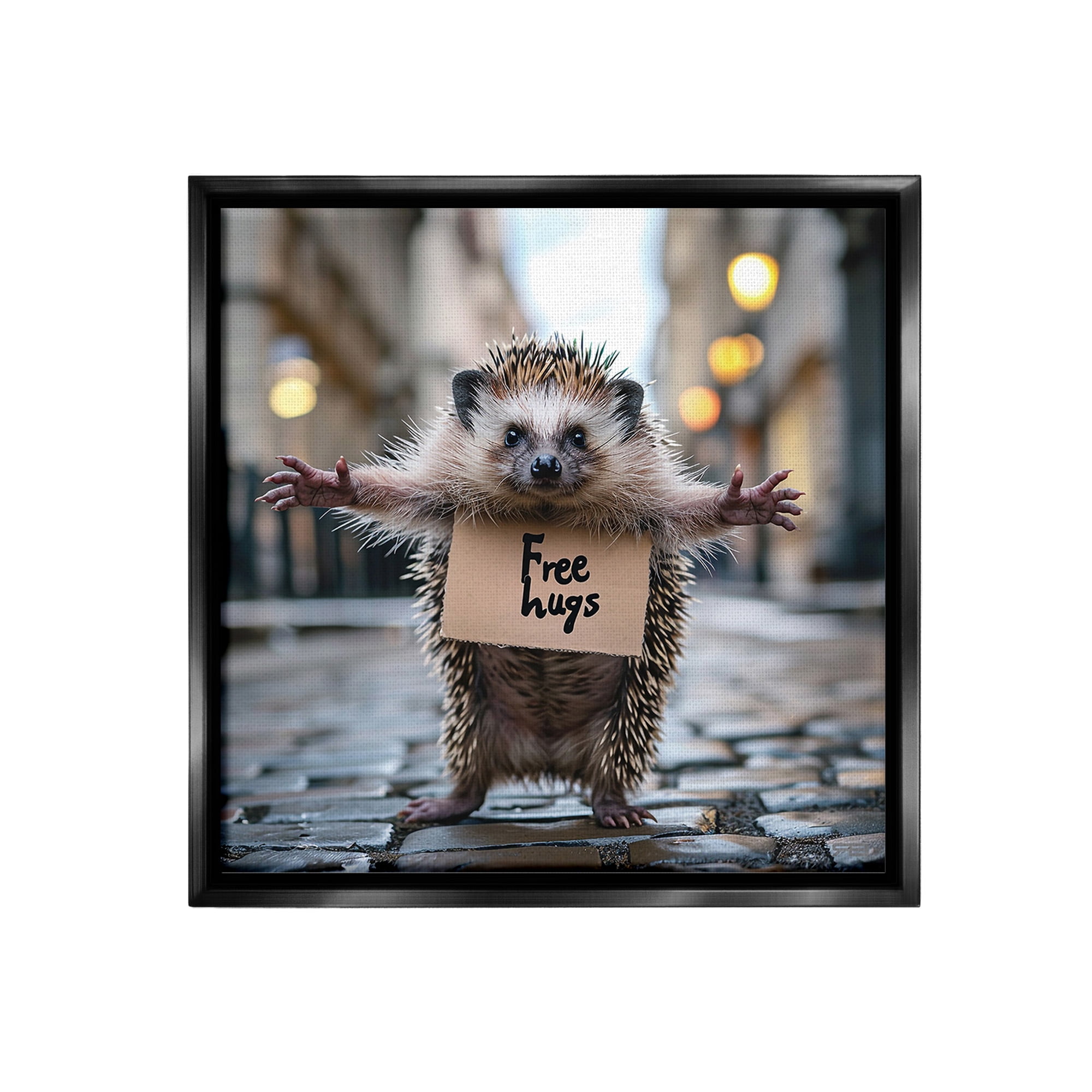 Stupell Industries Free Hugs Hedgehog Animals & Insects Painting Black Floater Framed Canvas Art Print Wall Art, 25 x 25