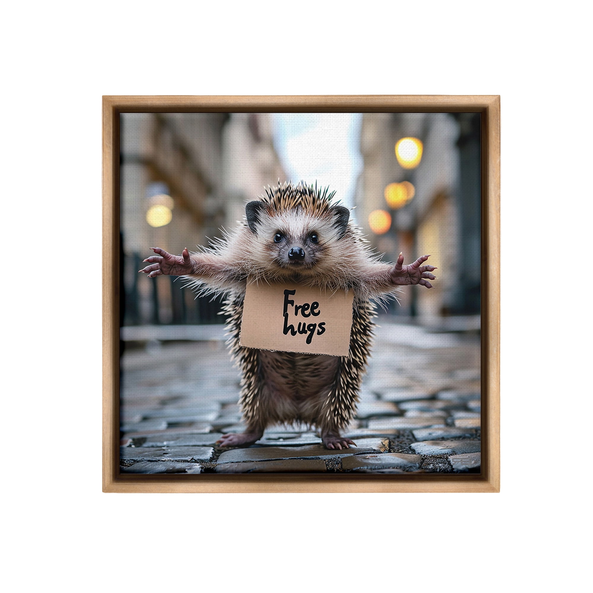 Stupell Industries Free Hugs Hedgehog Animals & Insects Painting Brown Floater Framed Canvas Art Print Wall Art, 18 x 18