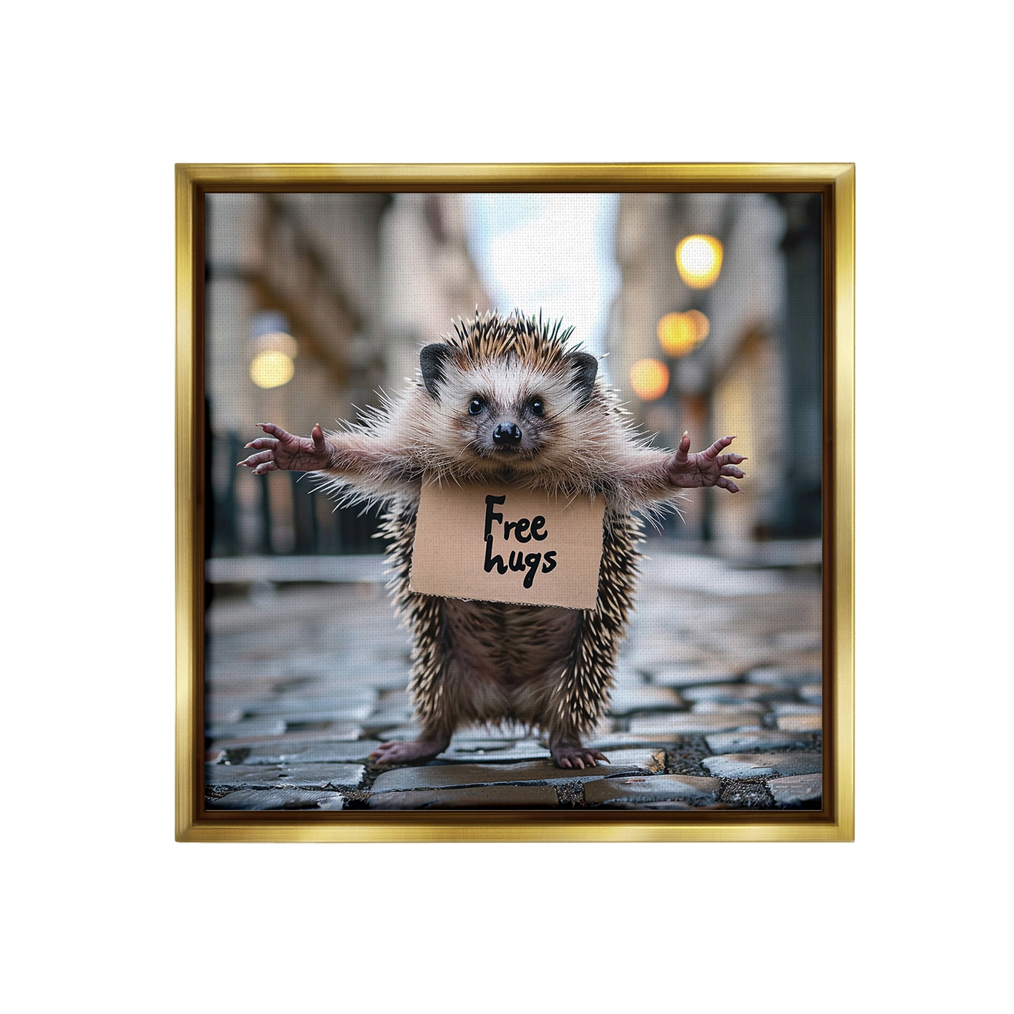 Stupell Industries Free Hugs Hedgehog Animals & Insects Painting Gold Floater Framed Canvas Art Print Wall Art, 18 x 18