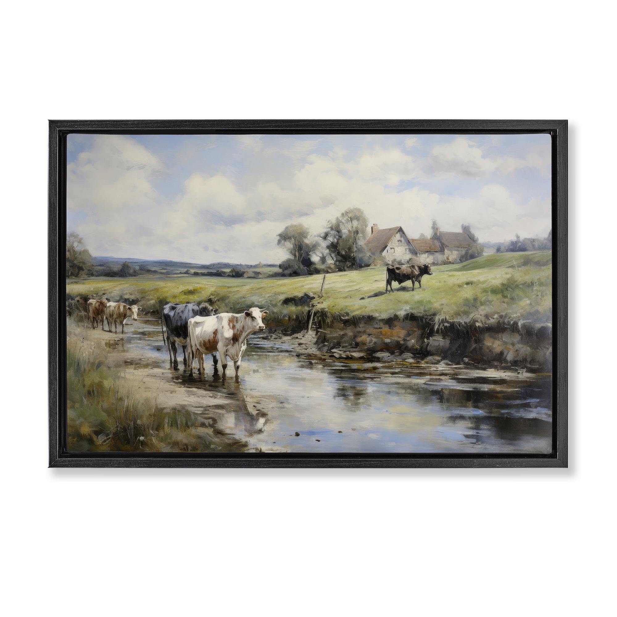Stupell Industries Free Roaming Cattle Landscape & Nature Painting Black Floater Framed Canvas Art Print Wall Art, 25 x 17