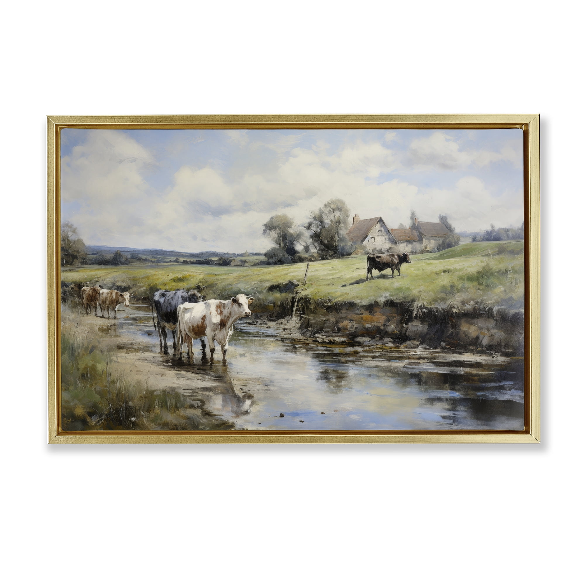 Stupell Industries Free Roaming Cattle Landscape & Nature Painting Gold Floater Framed Canvas Art Print Wall Art, 31 x 21