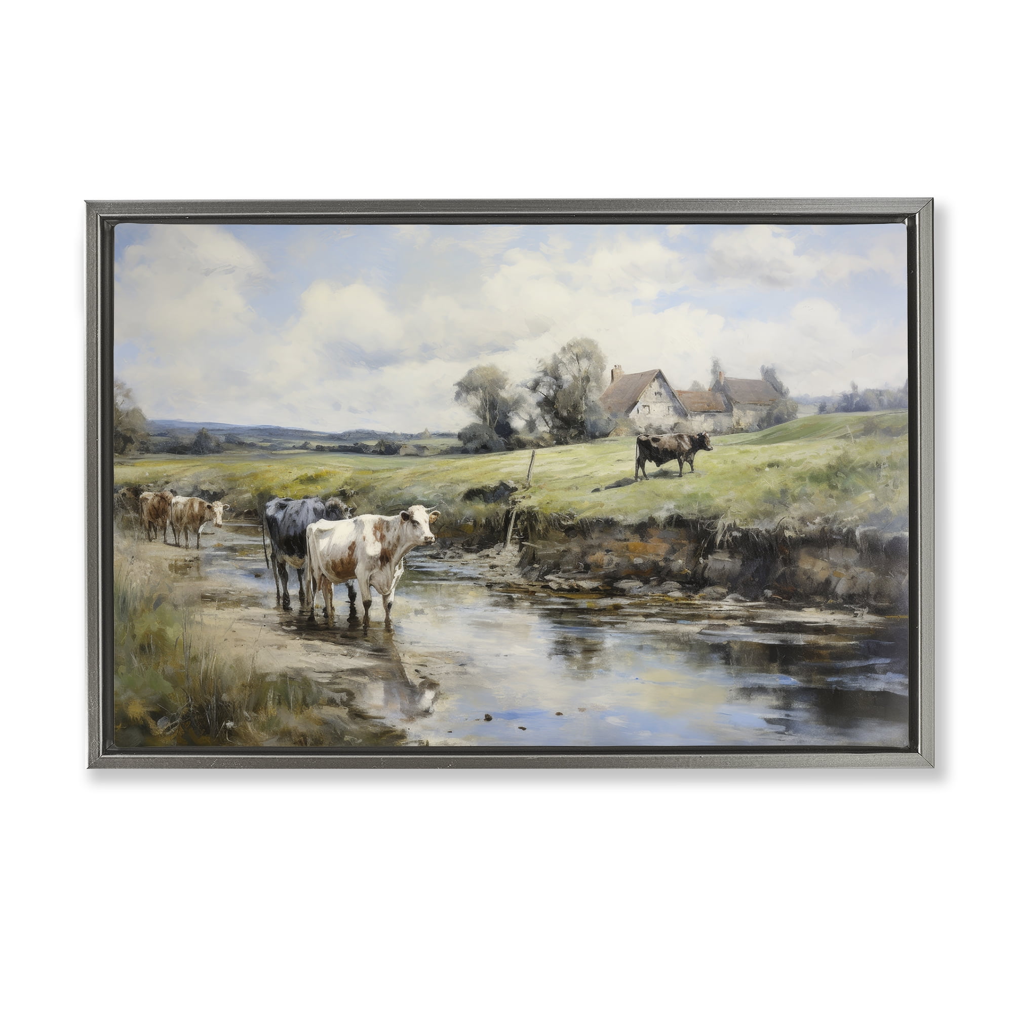 Stupell Industries Free Roaming Cattle Landscape & Nature Painting Gray Floater Framed Canvas Art Print Wall Art, 31 x 21