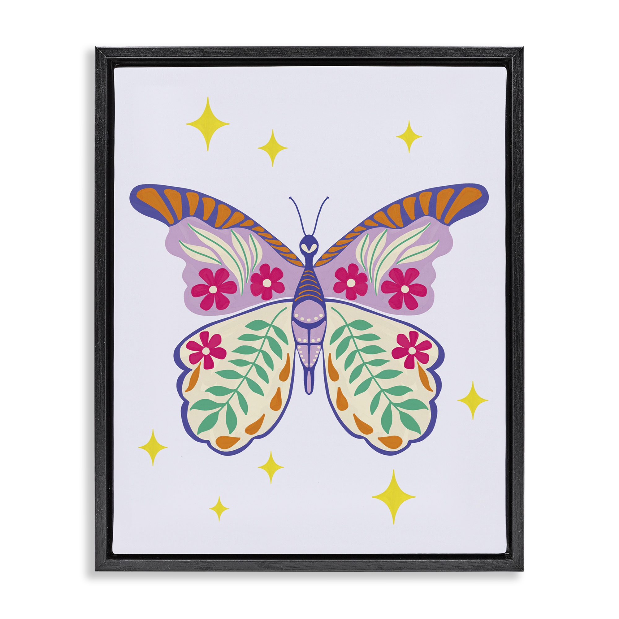 Stupell Industries Free Spirit Floral Butterfly Animals Painting Black Floater Framed Canvas Art Print Wall Art, 17 x 21