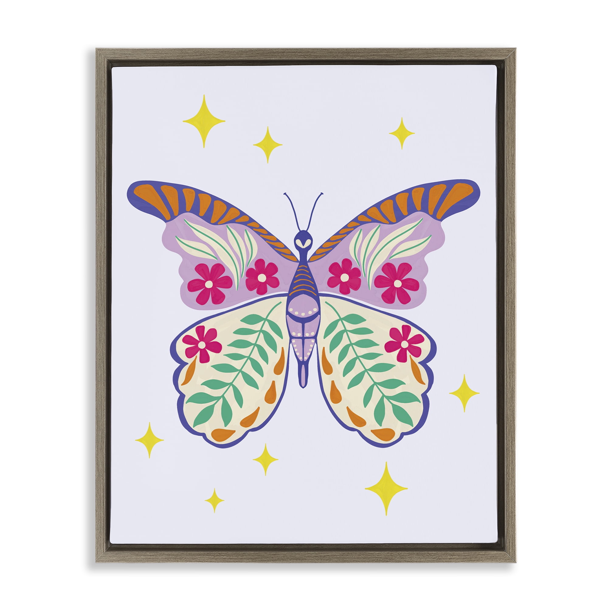 Stupell Industries Free Spirit Floral Butterfly Animals Painting Brown Floater Framed Canvas Art Print Wall Art, 25 x 31