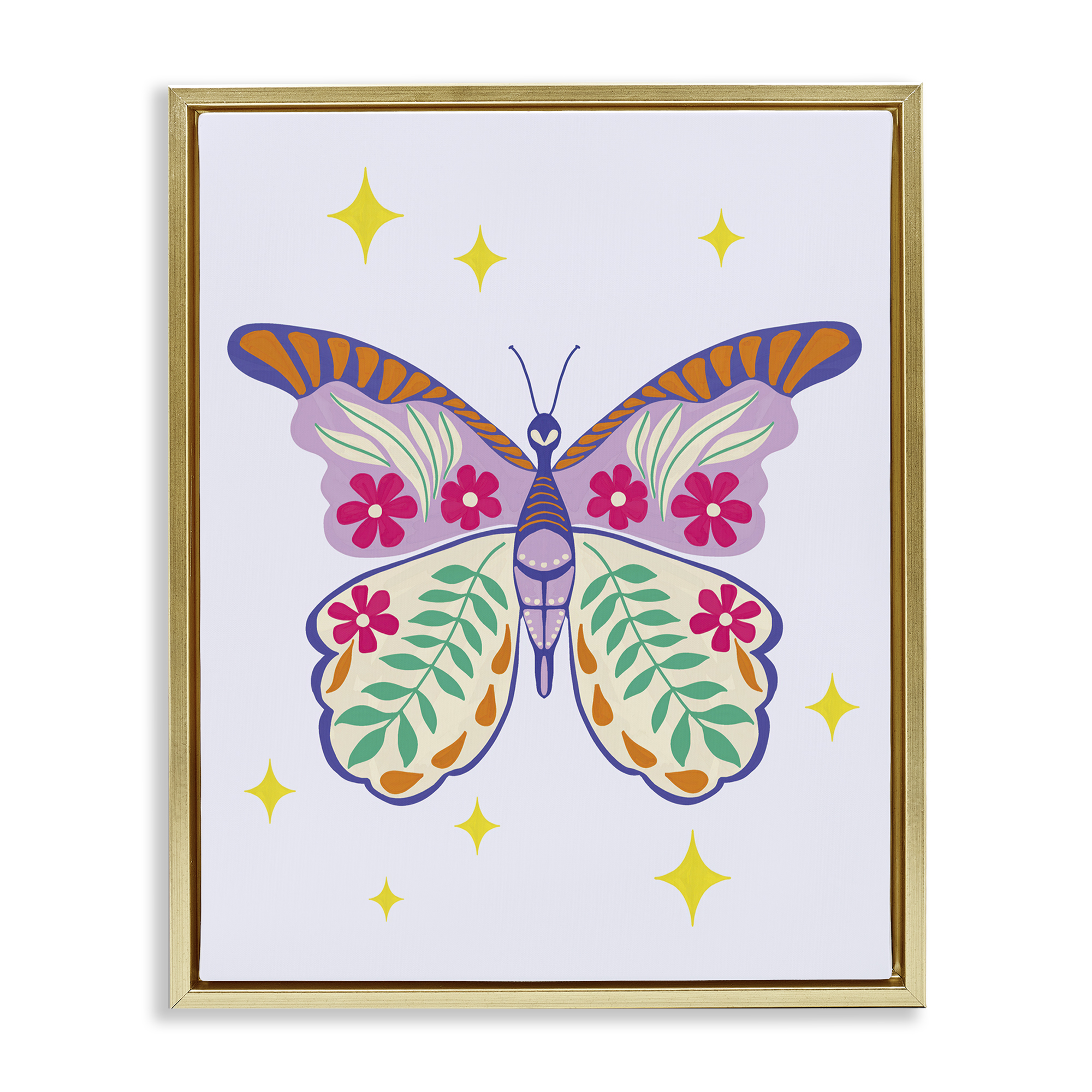 Stupell Industries Free Spirit Floral Butterfly Animals Painting Gold Floater Framed Canvas Art Print Wall Art, 25 x 31